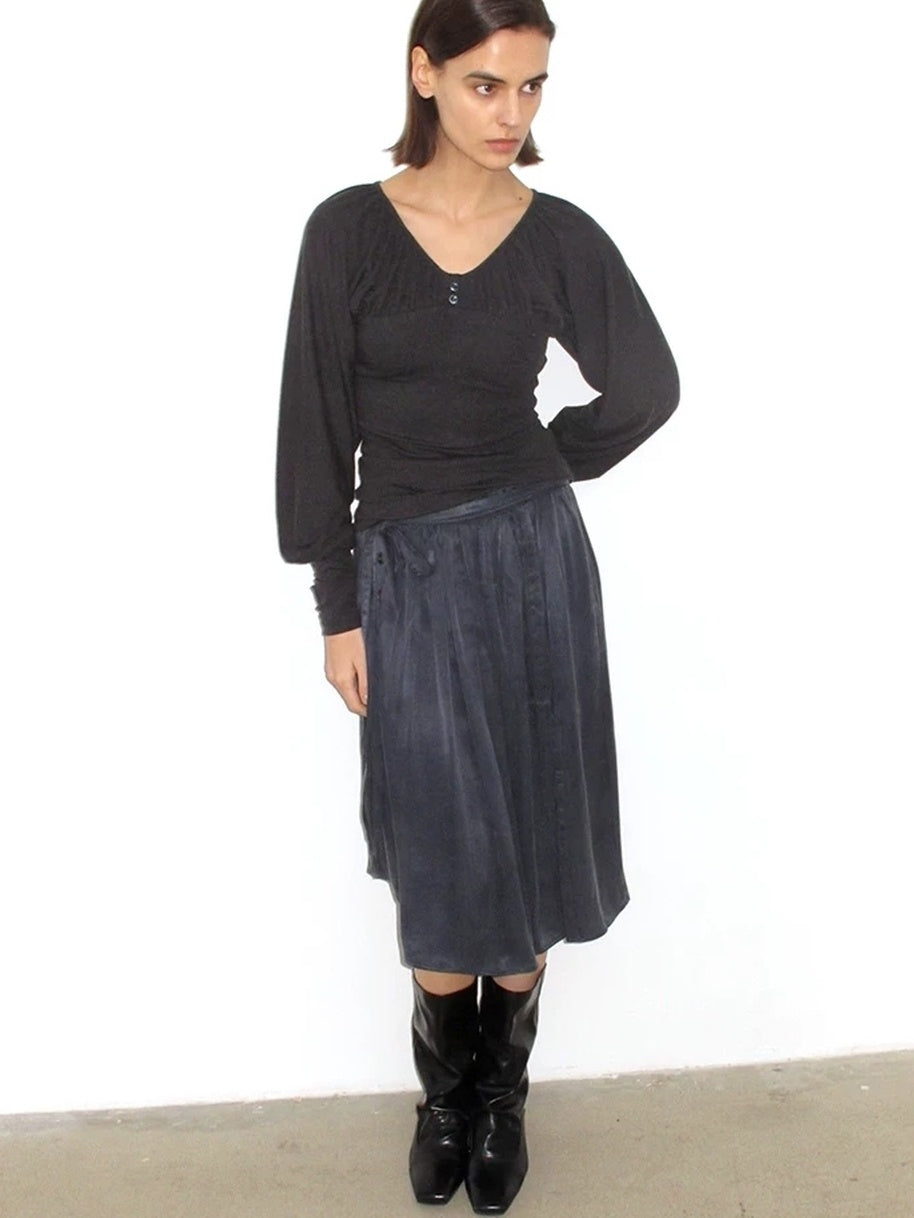 Mito de dar Holds Shape Casual A Line Side Slit Tie Waist Lyocell Cotton Midi Skirt