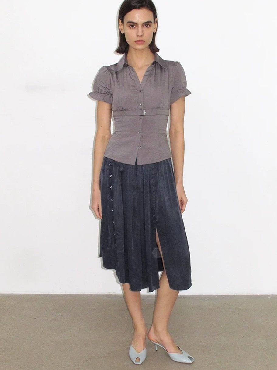 Mito de dar Holds Shape Casual A Line Side Slit Tie Waist Lyocell Cotton Midi Skirt