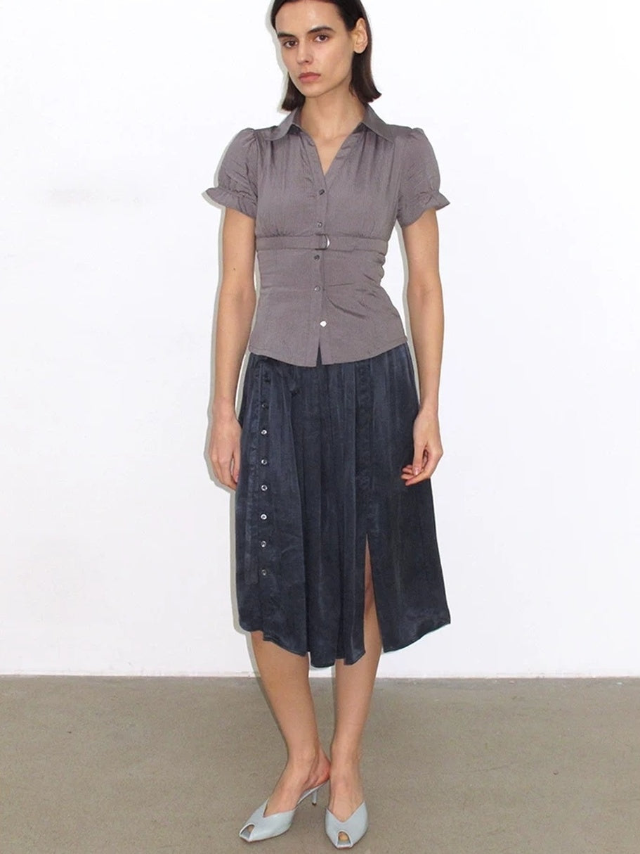 Mito de dar Holds Shape Casual A Line Side Slit Tie Waist Lyocell Cotton Midi Skirt