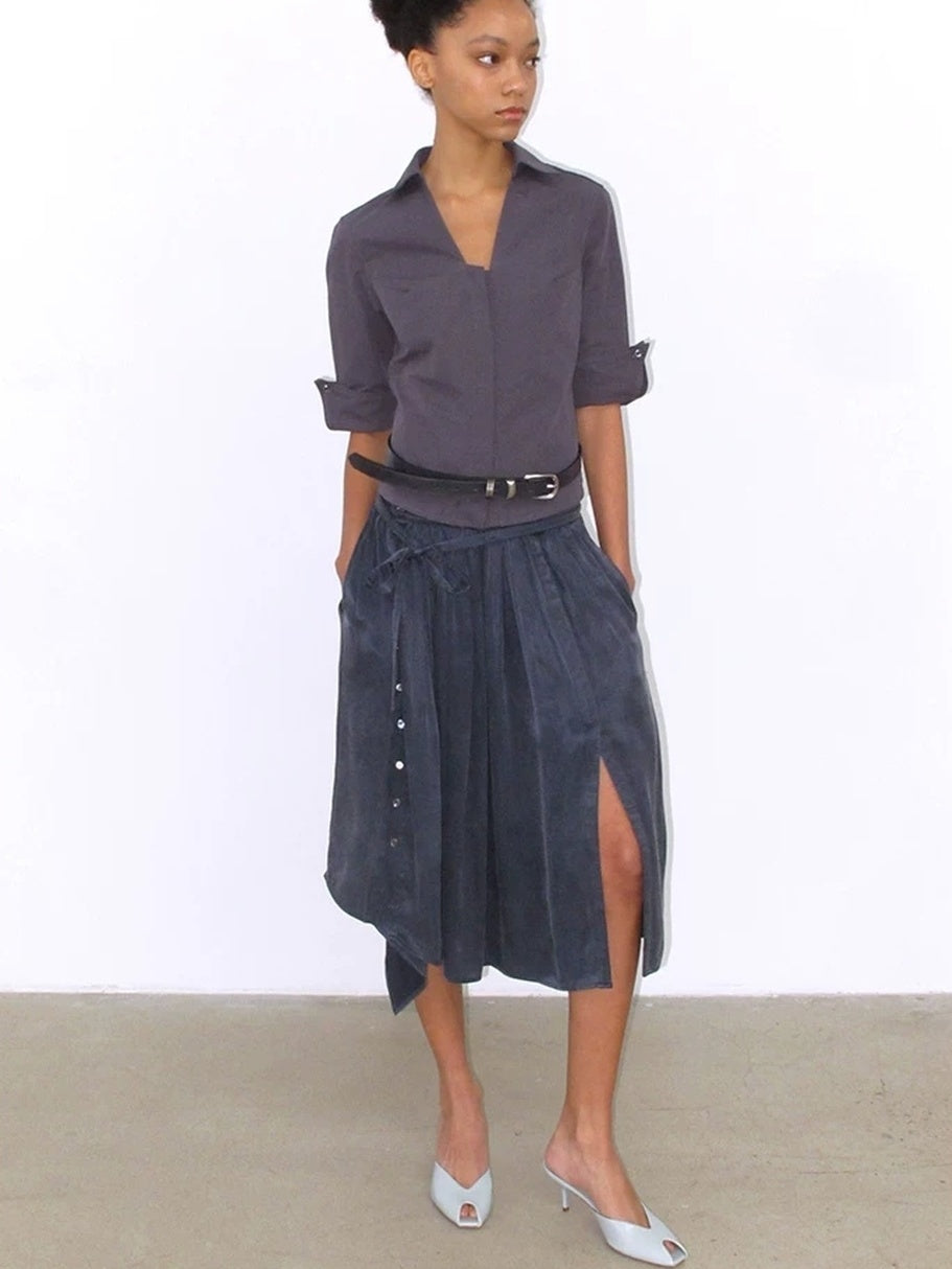 Mito de dar Holds Shape Casual A Line Side Slit Tie Waist Lyocell Cotton Midi Skirt