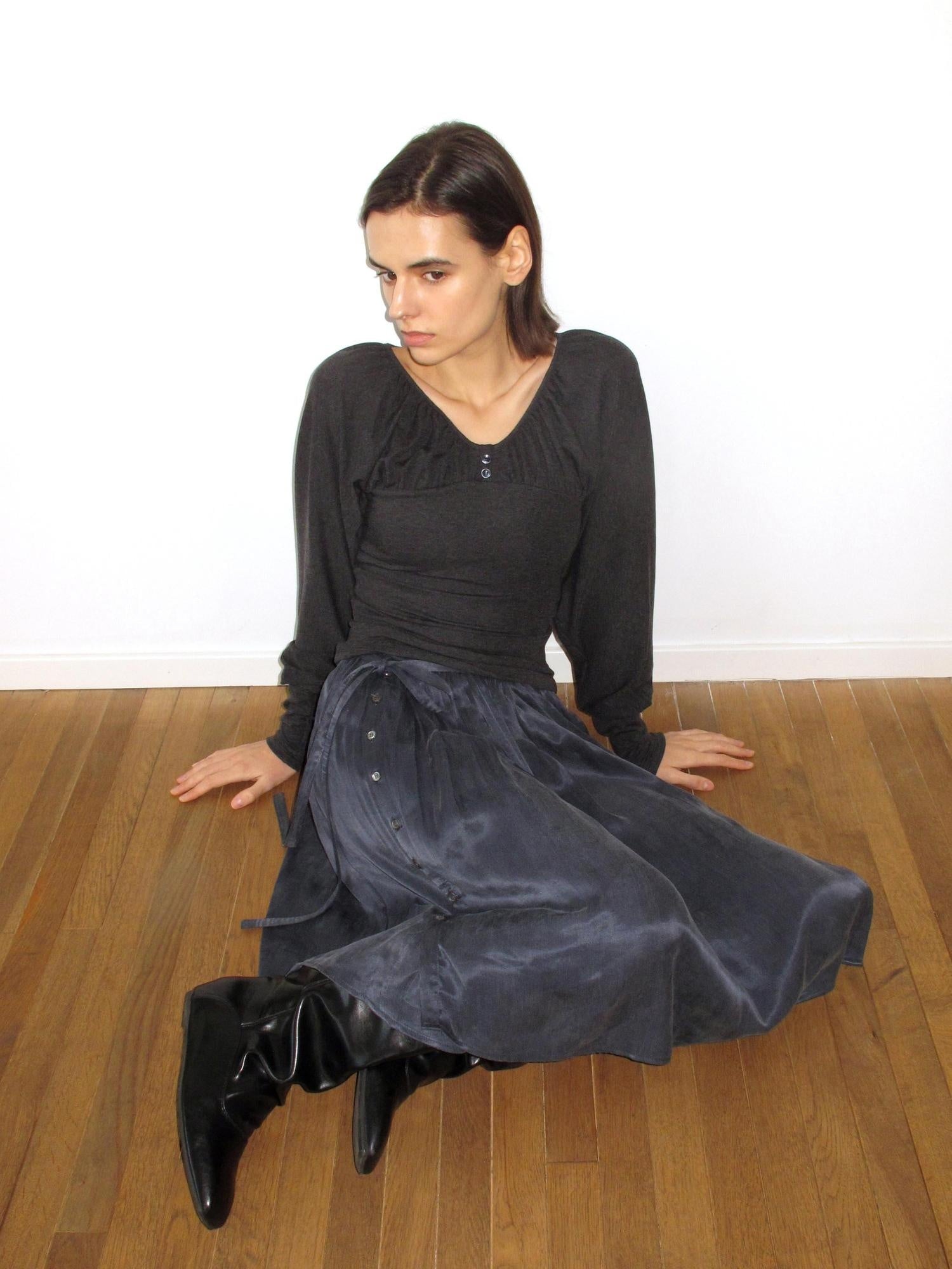 Mito de dar Holds Shape Casual A Line Side Slit Tie Waist Lyocell Cotton Midi Skirt
