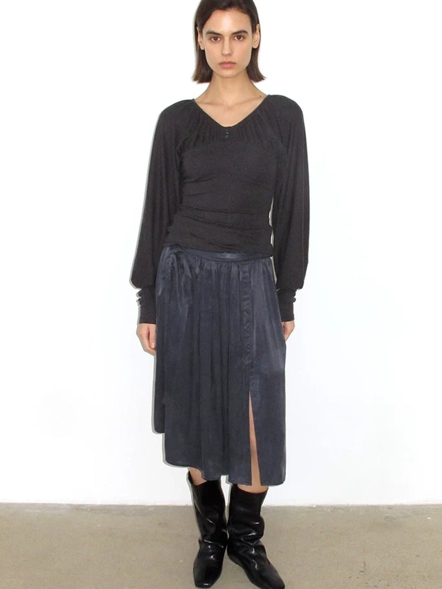Mito de dar Holds Shape Casual A Line Side Slit Tie Waist Lyocell Cotton Midi Skirt