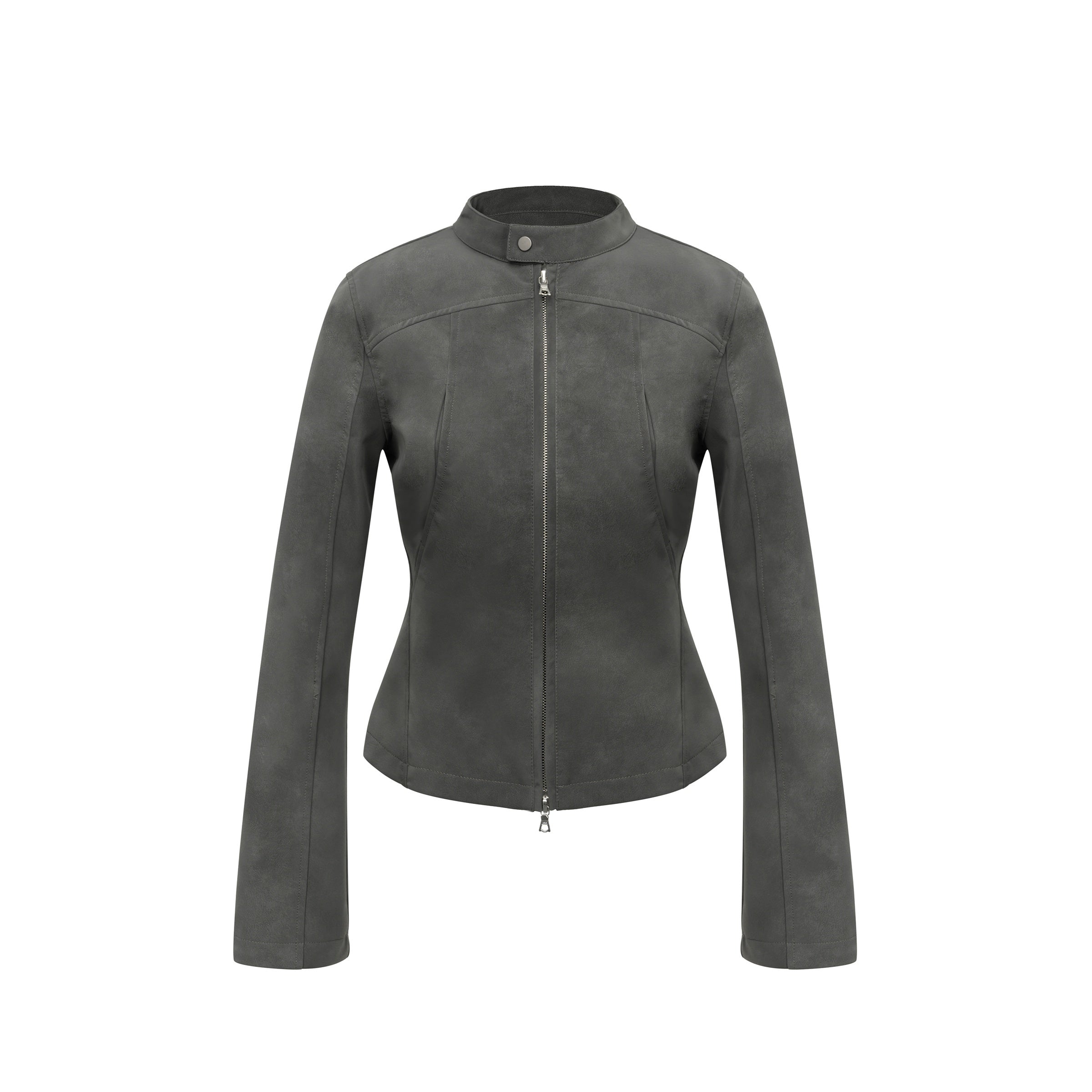 Mito_de_dar_Matte_Mist_Gray_Stand_Collar_Dual_Zipper_Slim_Cropped_Women&