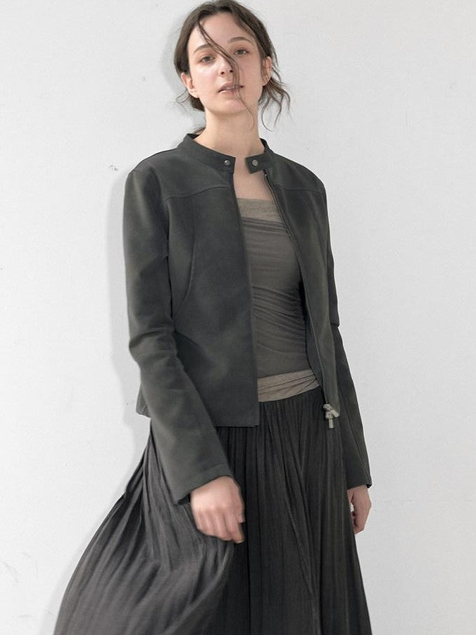 Mito de dar Matte Mist Gray Stand Collar Dual Zipper Slim Cropped Women&