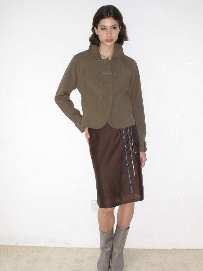 Mito de dar Olive Gray Napoleon Knot Double Breasted Cropped Viscose Women&