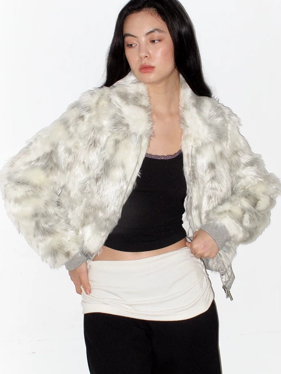 Mito de dar Warm Eco Faux Fur Colorblock Short Loose Ribbed Hem Women Gray Puffer Jacket