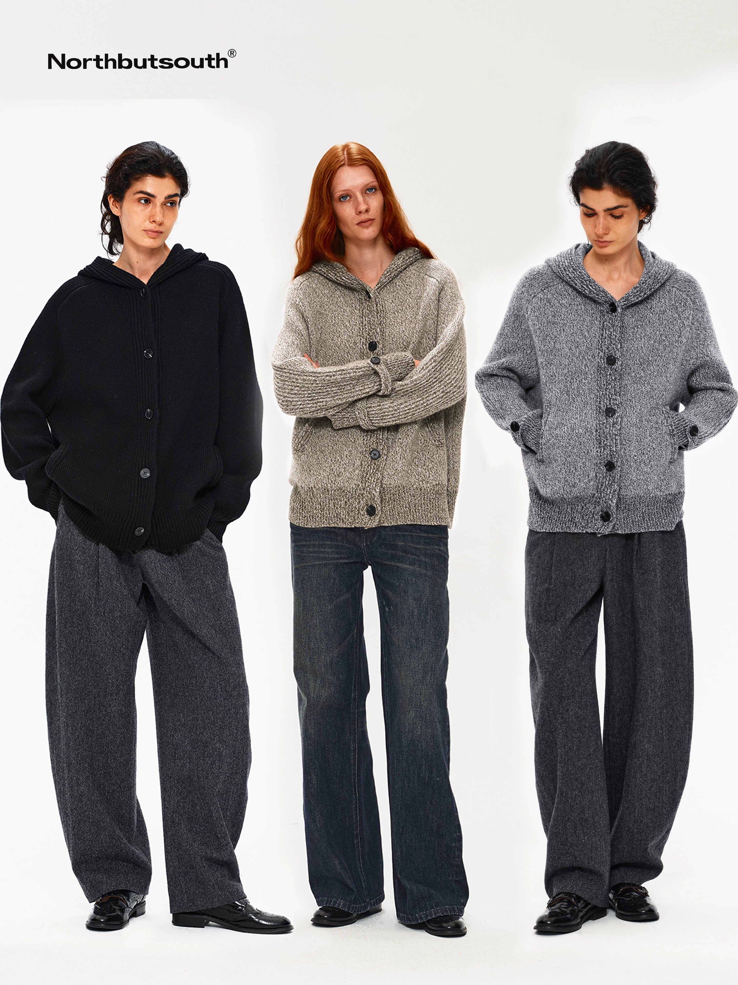 Mixed Yarn Wide Placket Button Straight Hooded Women&