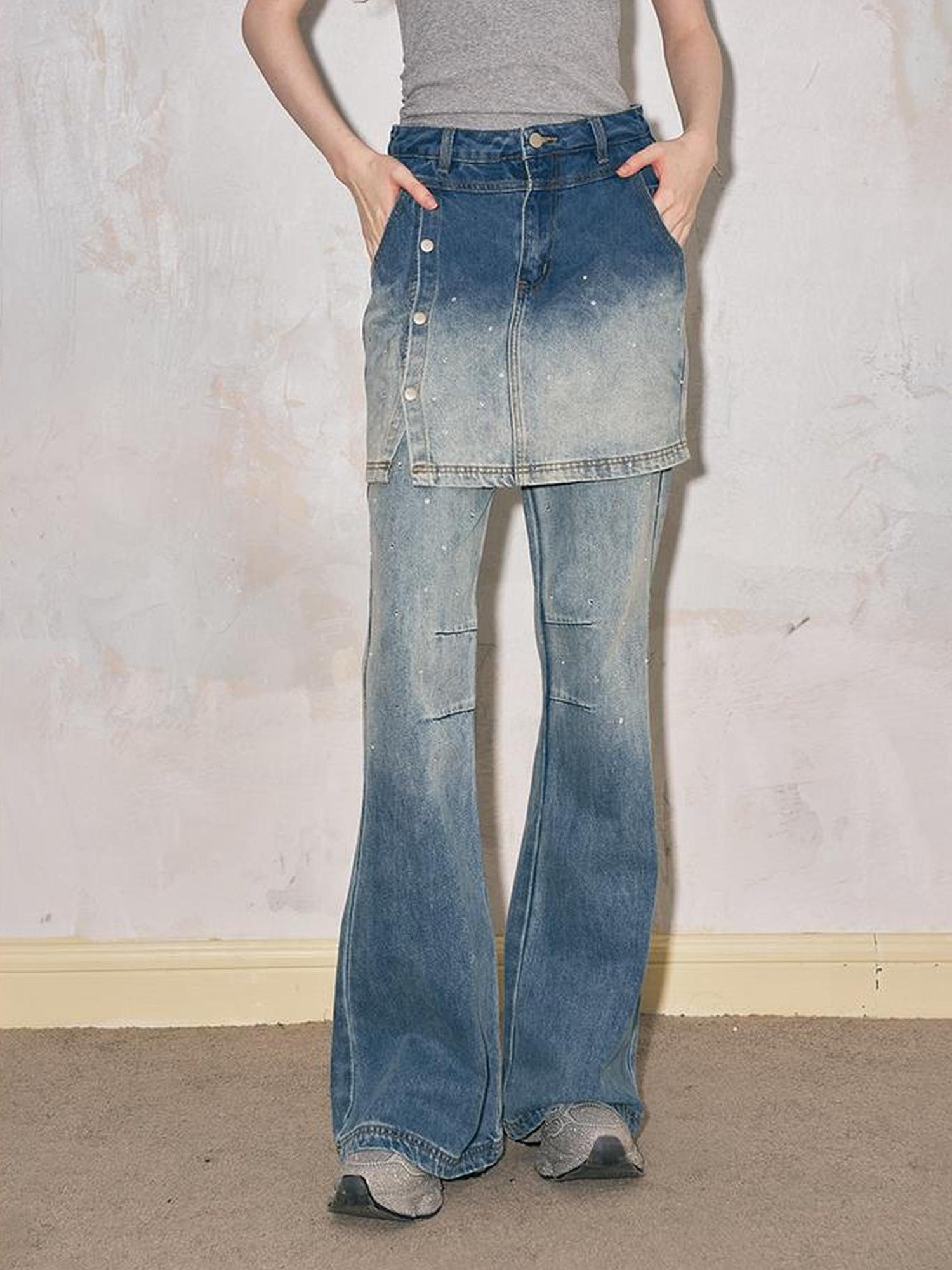 DIDDI MODA Modern Fake Two Piece Button Front Washed Flared Culottes