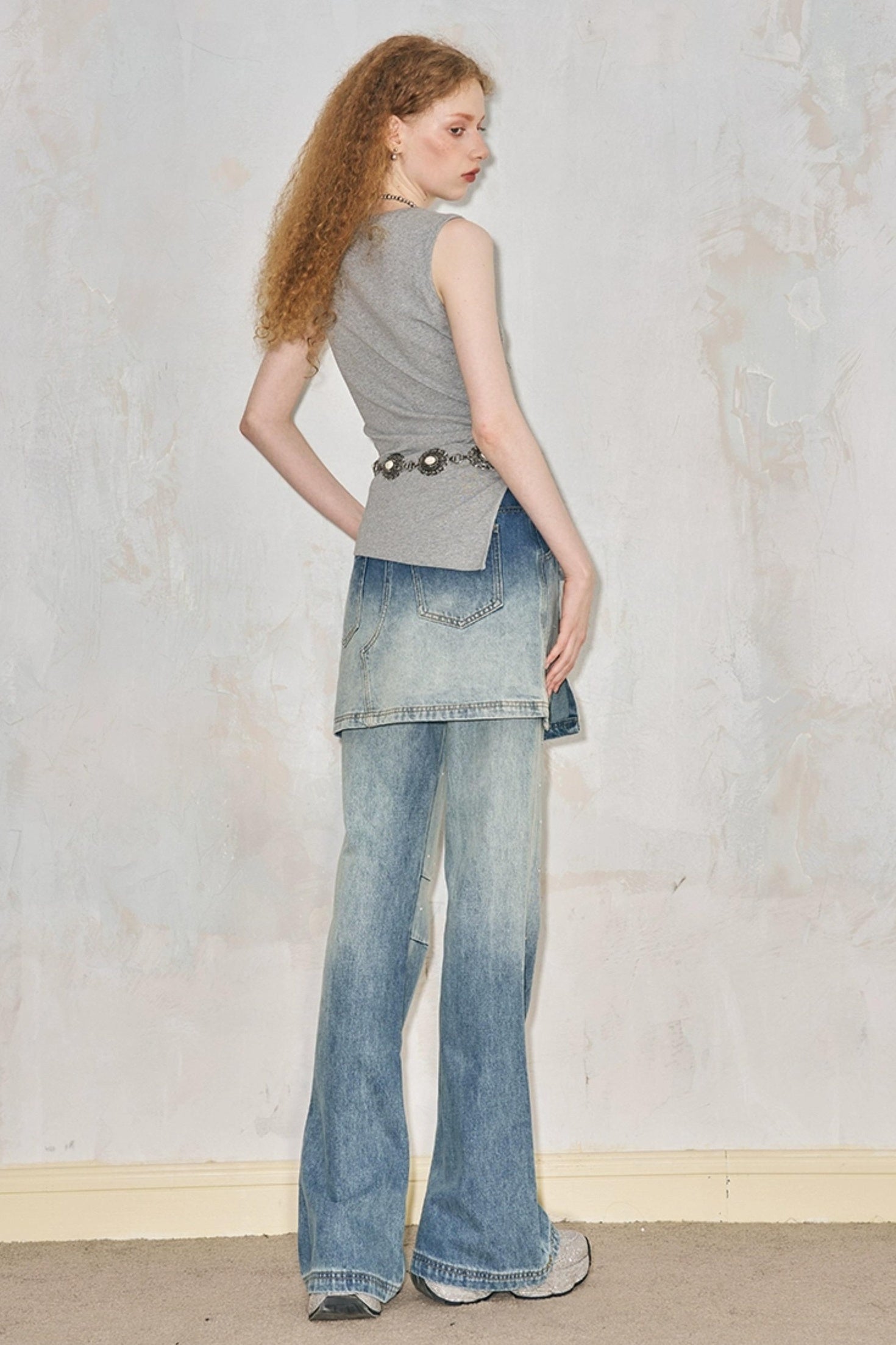 DIDDI MODA Modern Fake Two Piece Button Front Washed Flared Culottes