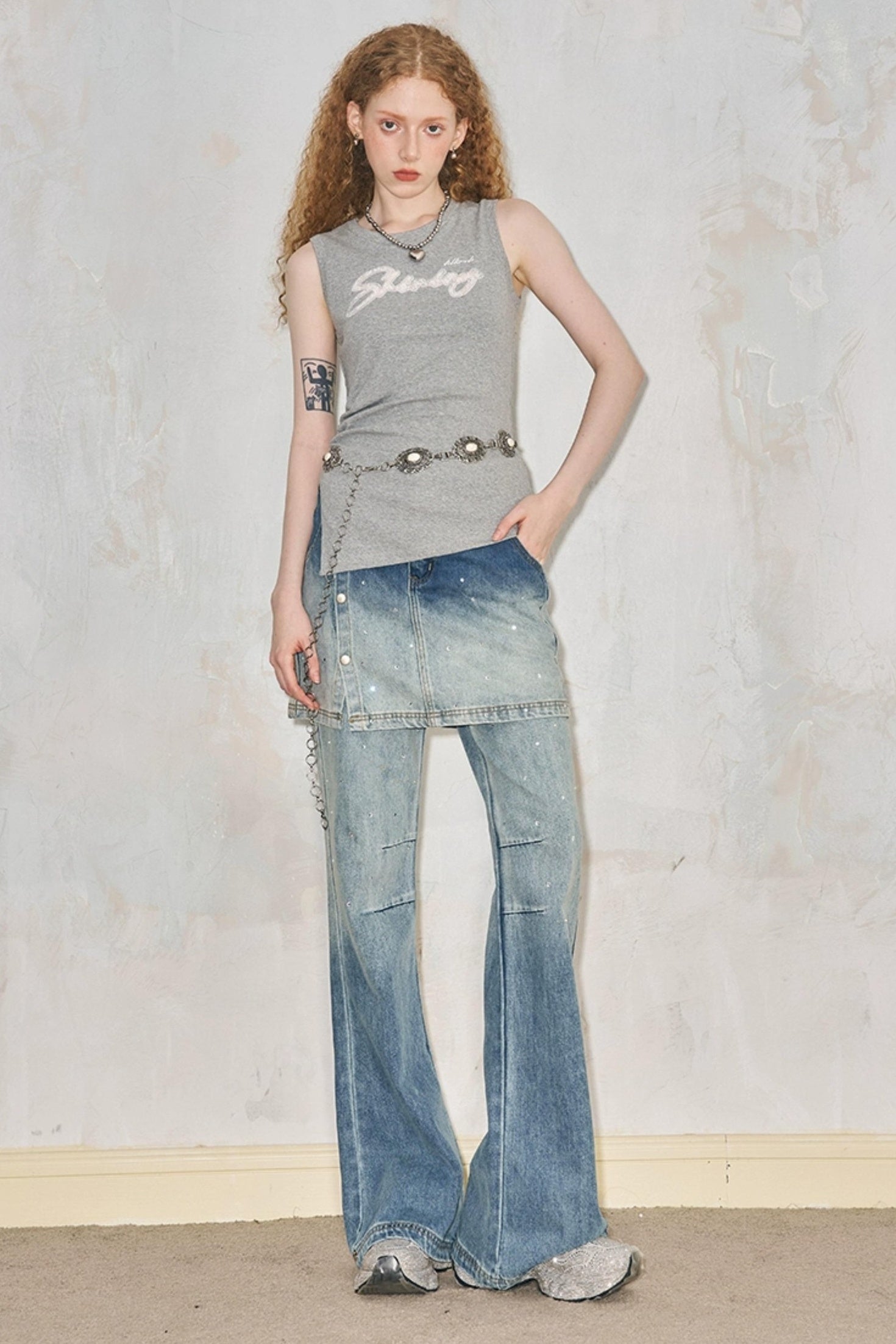 DIDDI MODA Modern Fake Two Piece Button Front Washed Flared Culottes