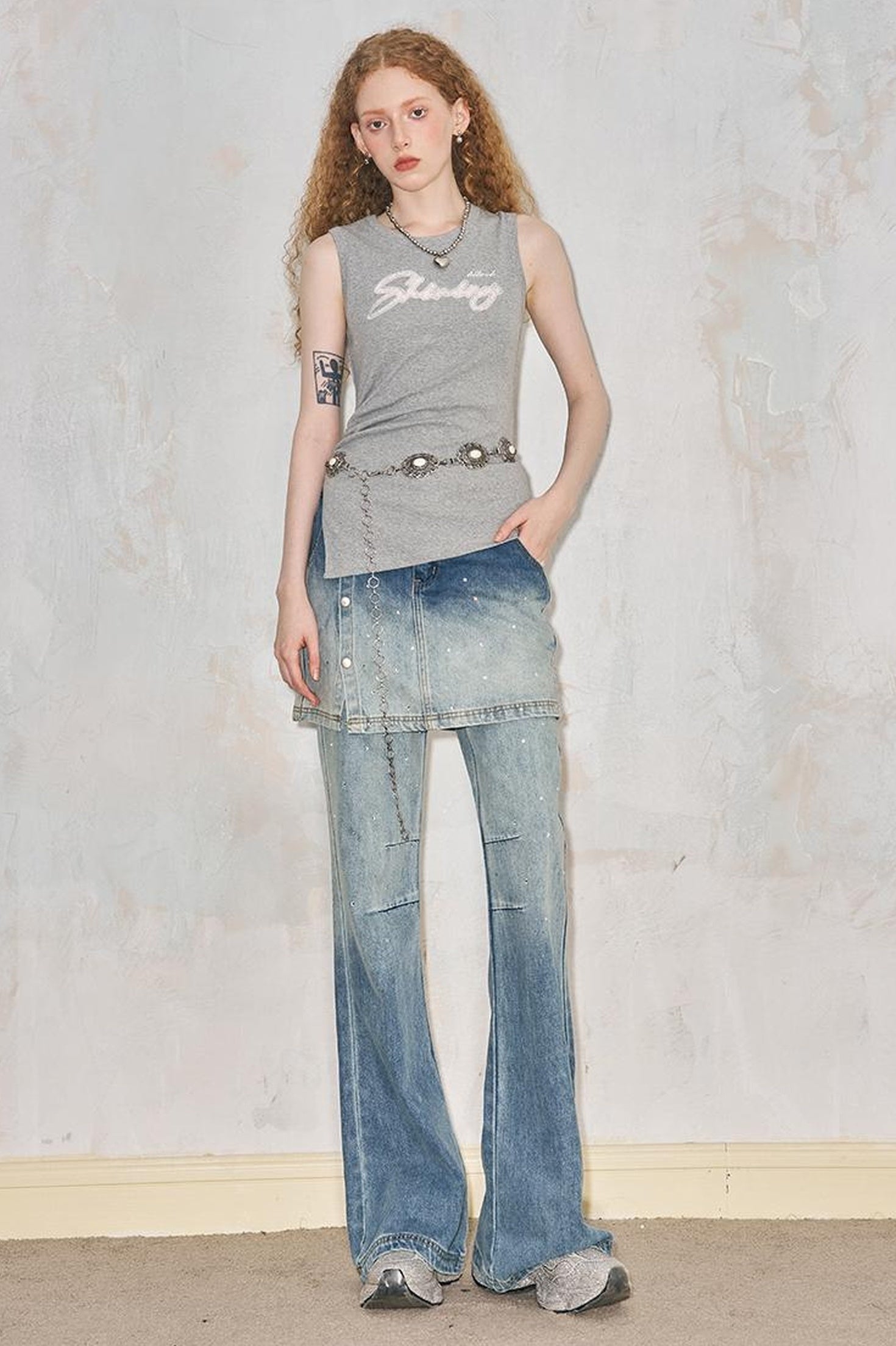 DIDDI MODA Modern Fake Two Piece Button Front Washed Flared Culottes