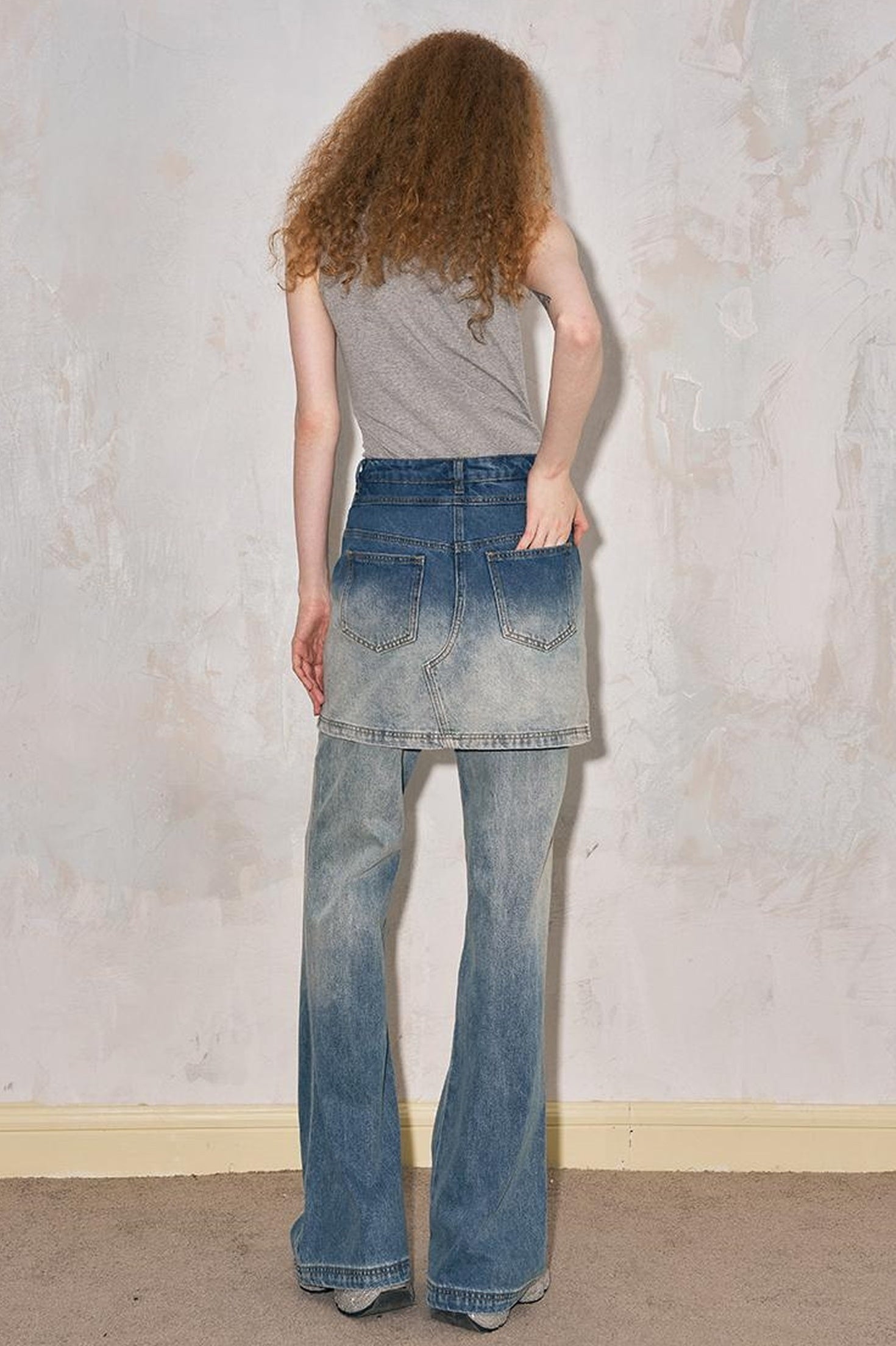 DIDDI MODA Modern Fake Two Piece Button Front Washed Flared Culottes