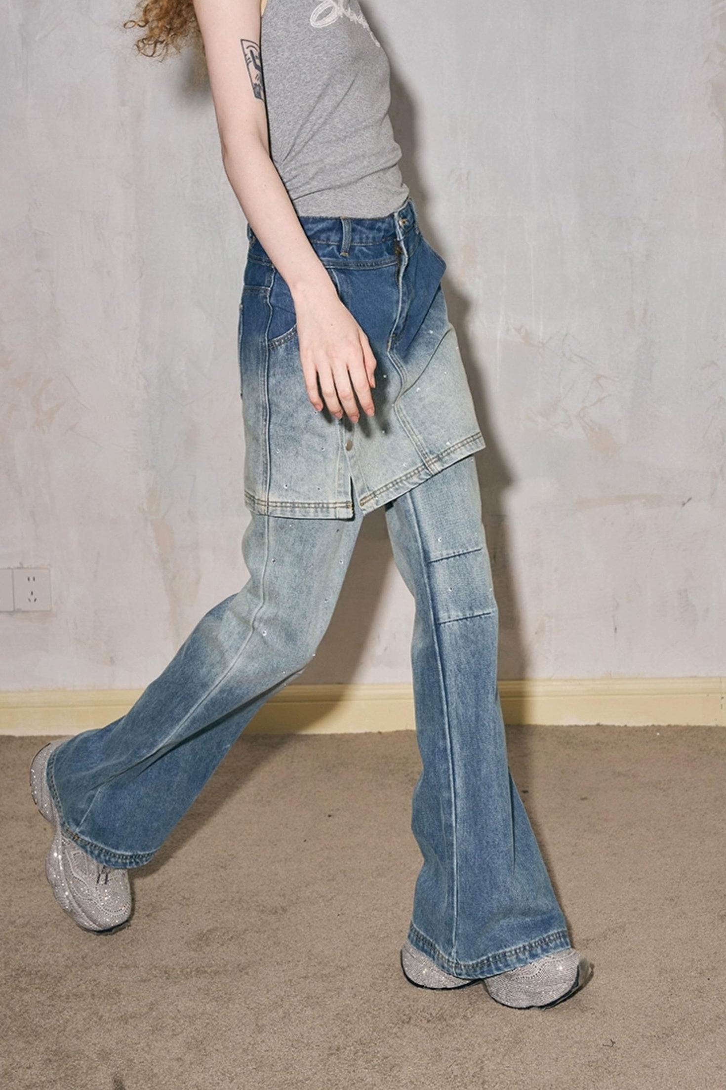 DIDDI MODA Modern Fake Two Piece Button Front Washed Flared Culottes