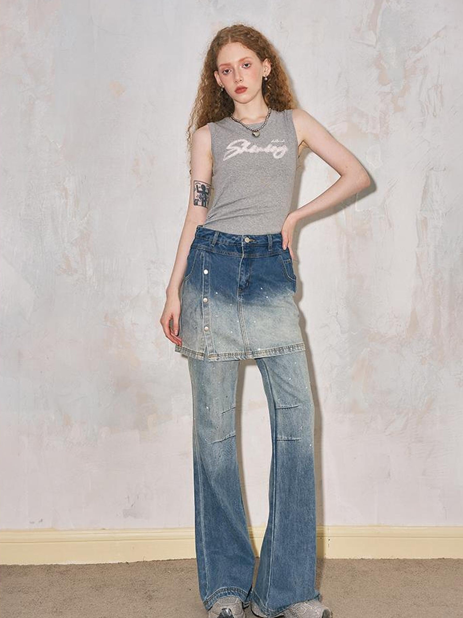 DIDDI MODA Modern Fake Two Piece Button Front Washed Flared Culottes