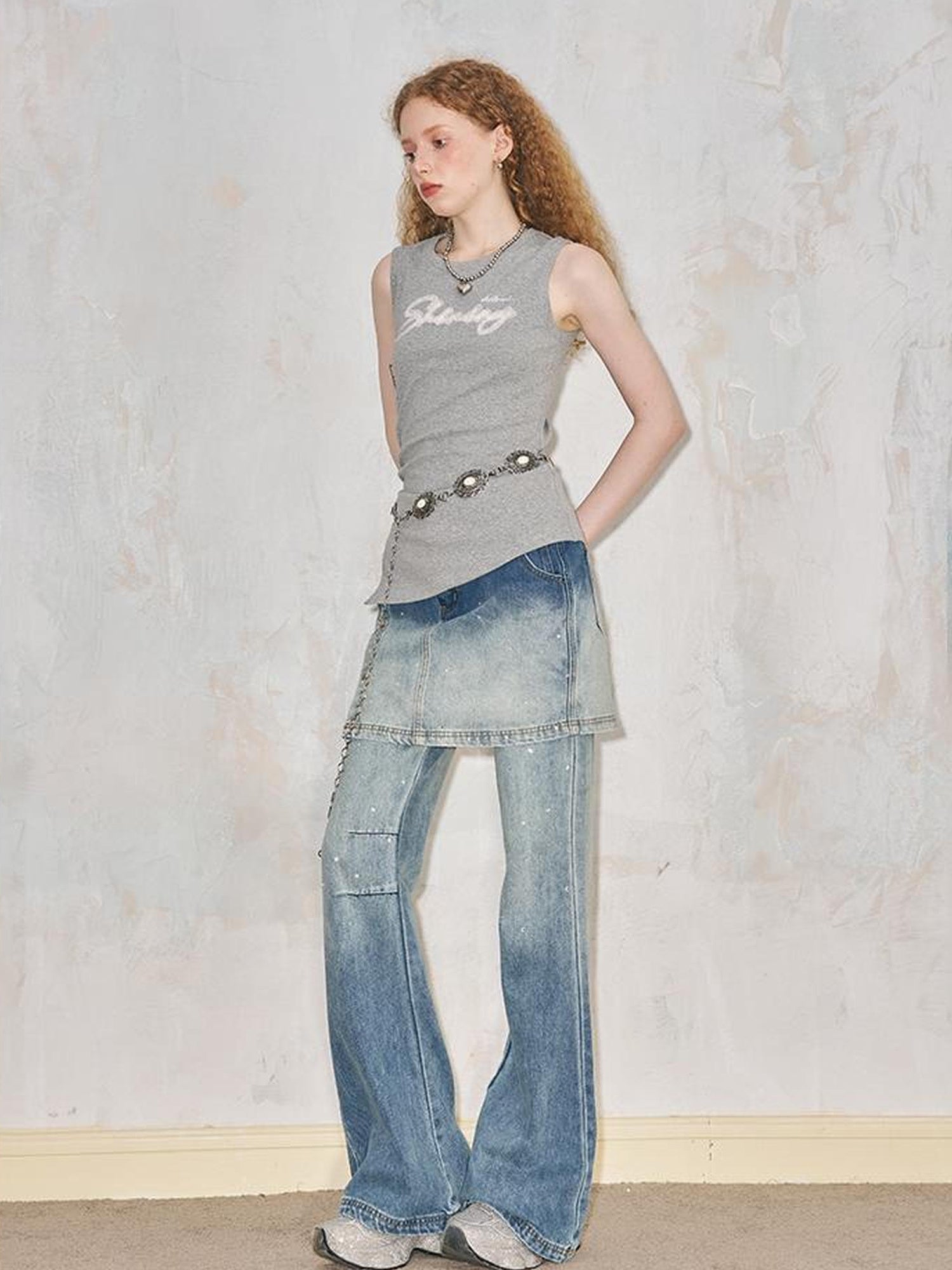 DIDDI MODA Modern Fake Two Piece Button Front Washed Flared Culottes