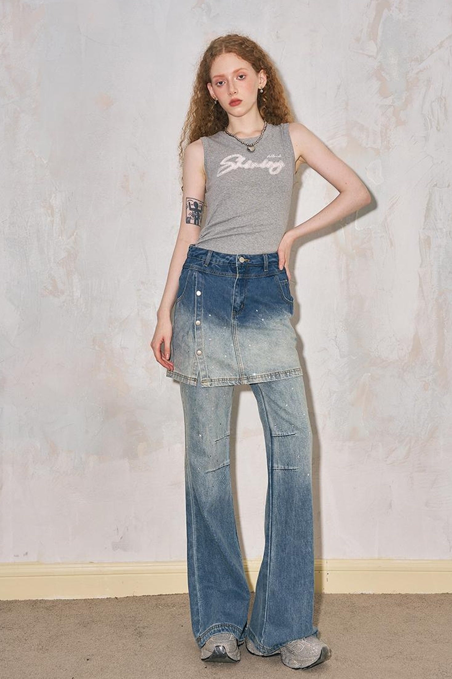 DIDDI MODA Modern Fake Two Piece Button Front Washed Flared Culottes