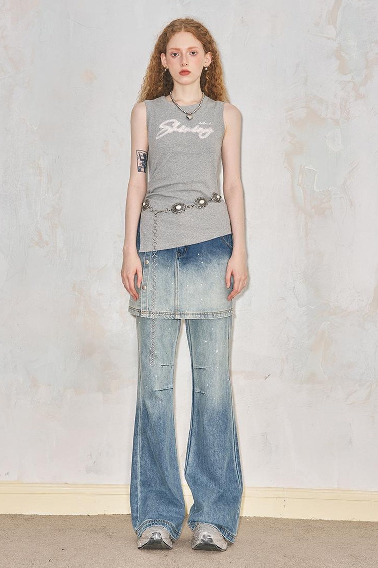 DIDDI MODA Modern Fake Two Piece Button Front Washed Flared Culottes