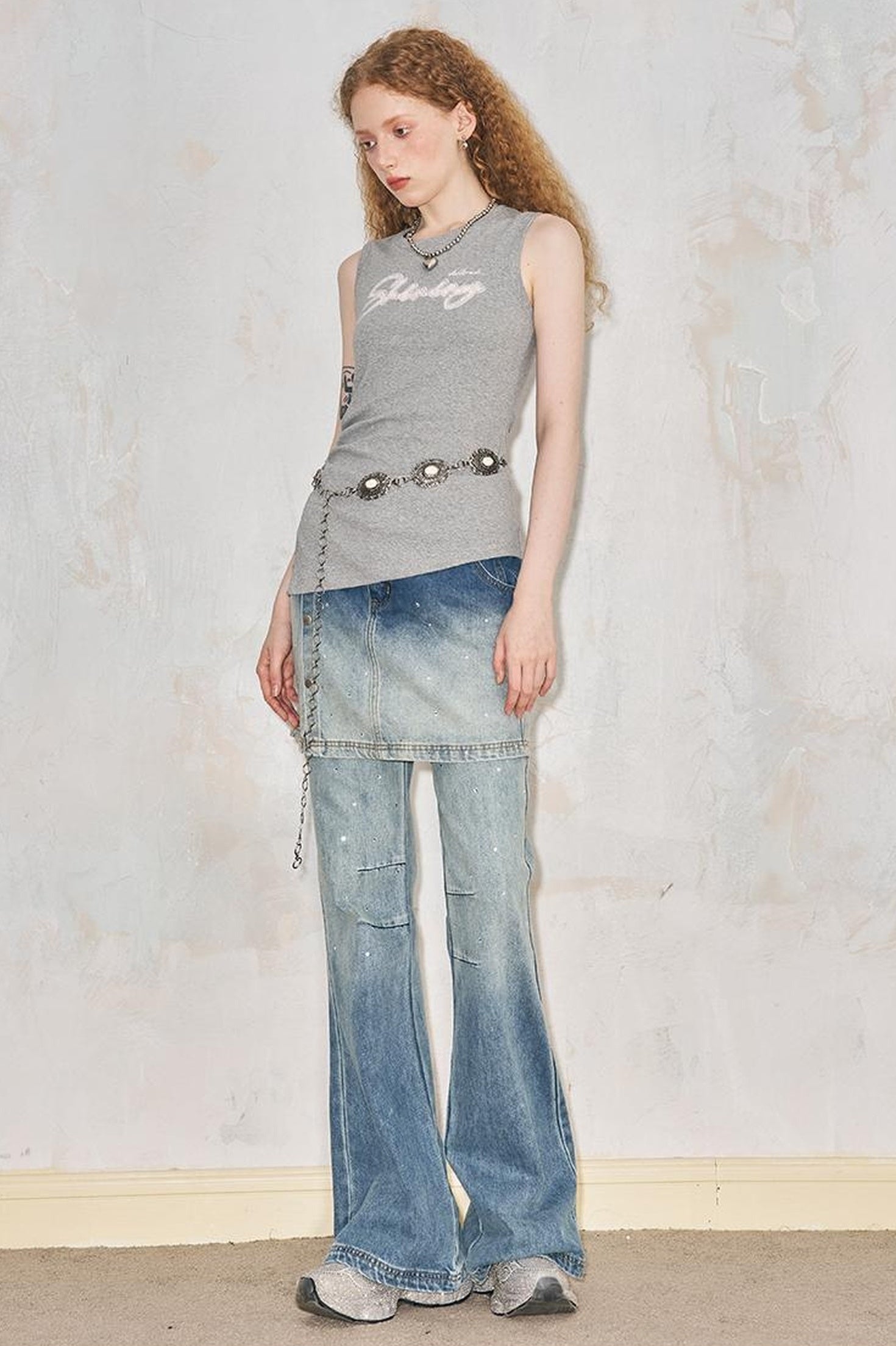 DIDDI MODA Modern Fake Two Piece Button Front Washed Flared Culottes