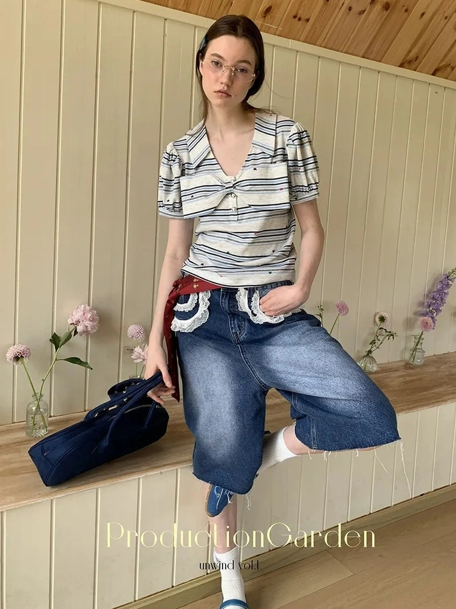 制造(后花园)------人人爱花裙 Moisture Wicking Slim Fit V Neck Puff Sleeve Bow Women Cross Heart Print T-Shirt