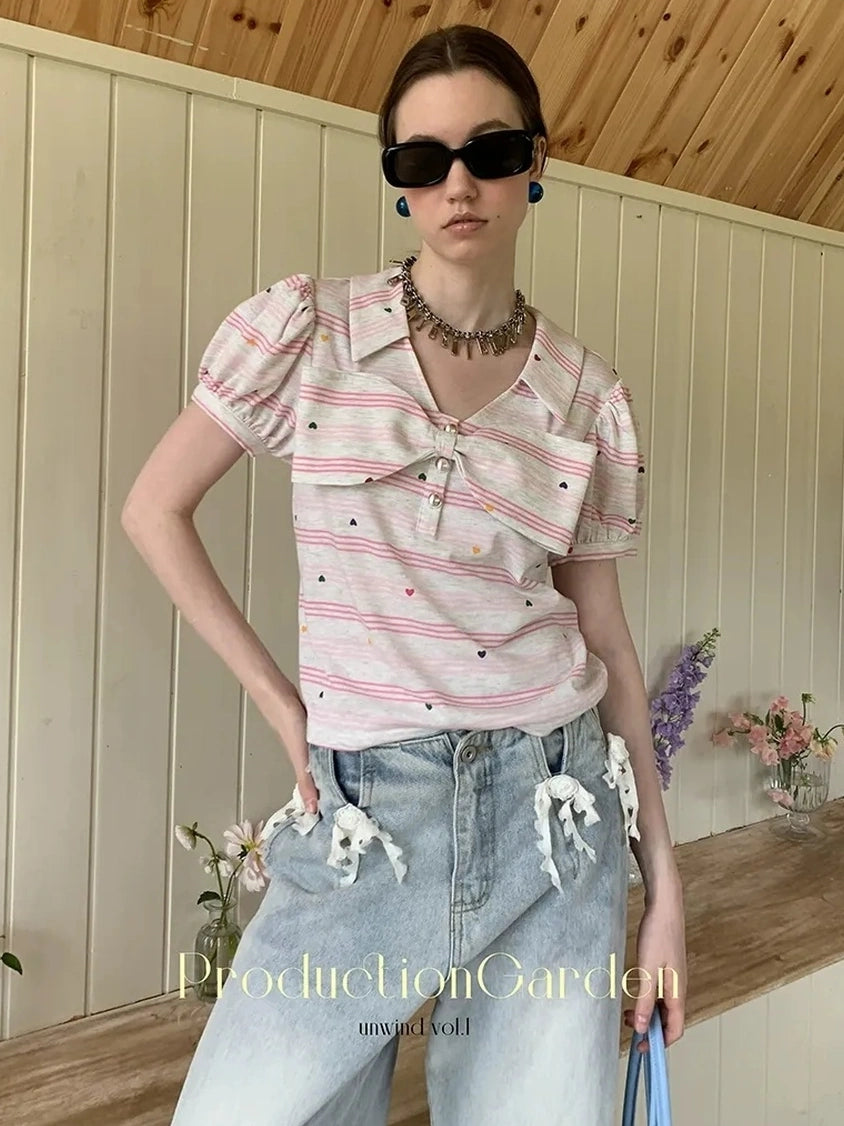 制造(后花园)------人人爱花裙 Moisture Wicking Slim Fit V Neck Puff Sleeve Bow Women Cross Heart Print T-Shirt