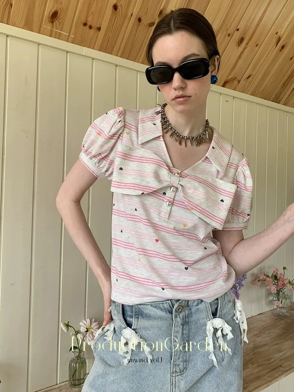 制造(后花园)------人人爱花裙 Moisture Wicking Slim Fit V Neck Puff Sleeve Bow Women Cross Heart Print T-Shirt