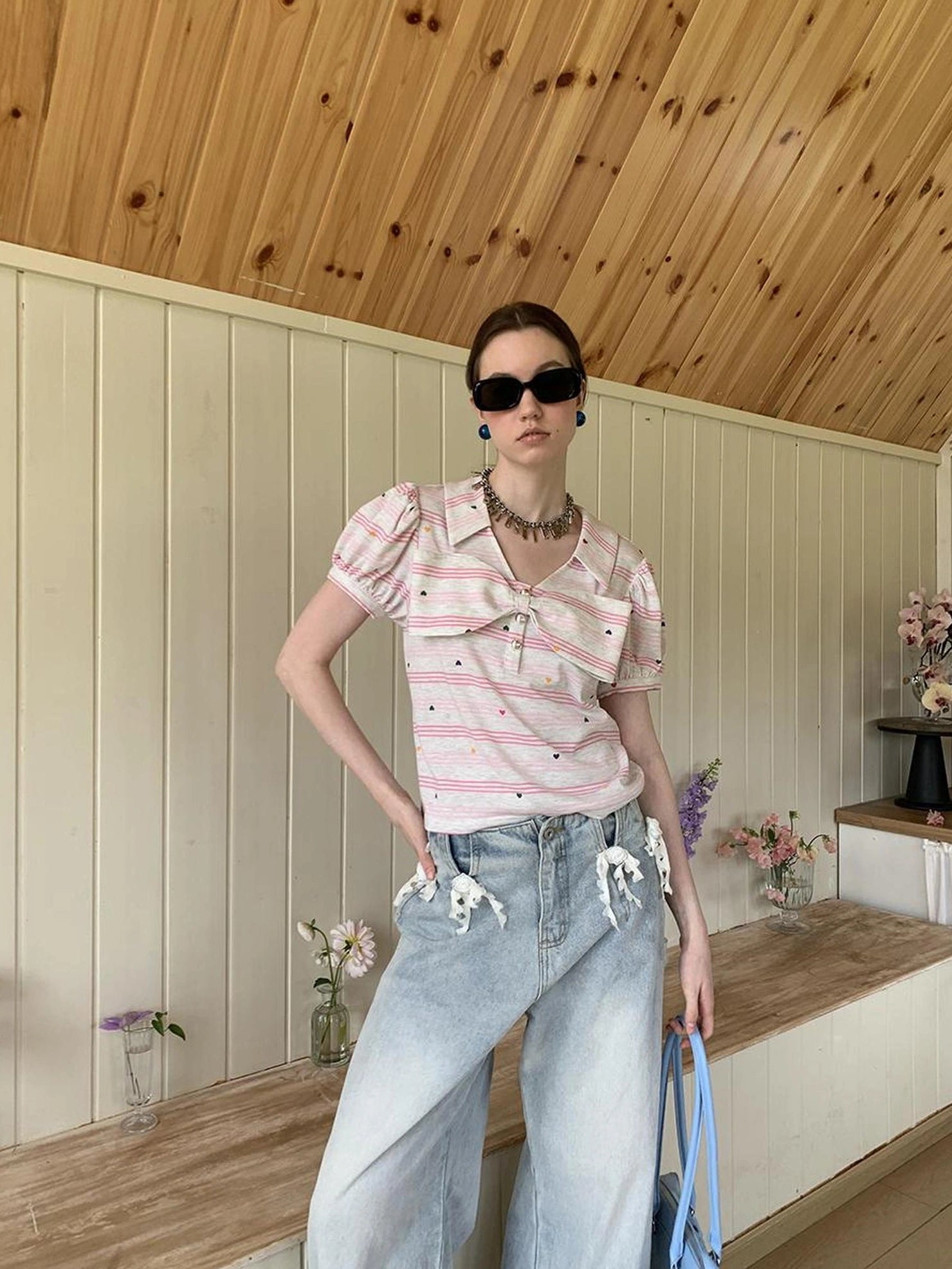 制造(后花园)------人人爱花裙 Moisture Wicking Slim Fit V Neck Puff Sleeve Bow Women Cross Heart Print T-Shirt