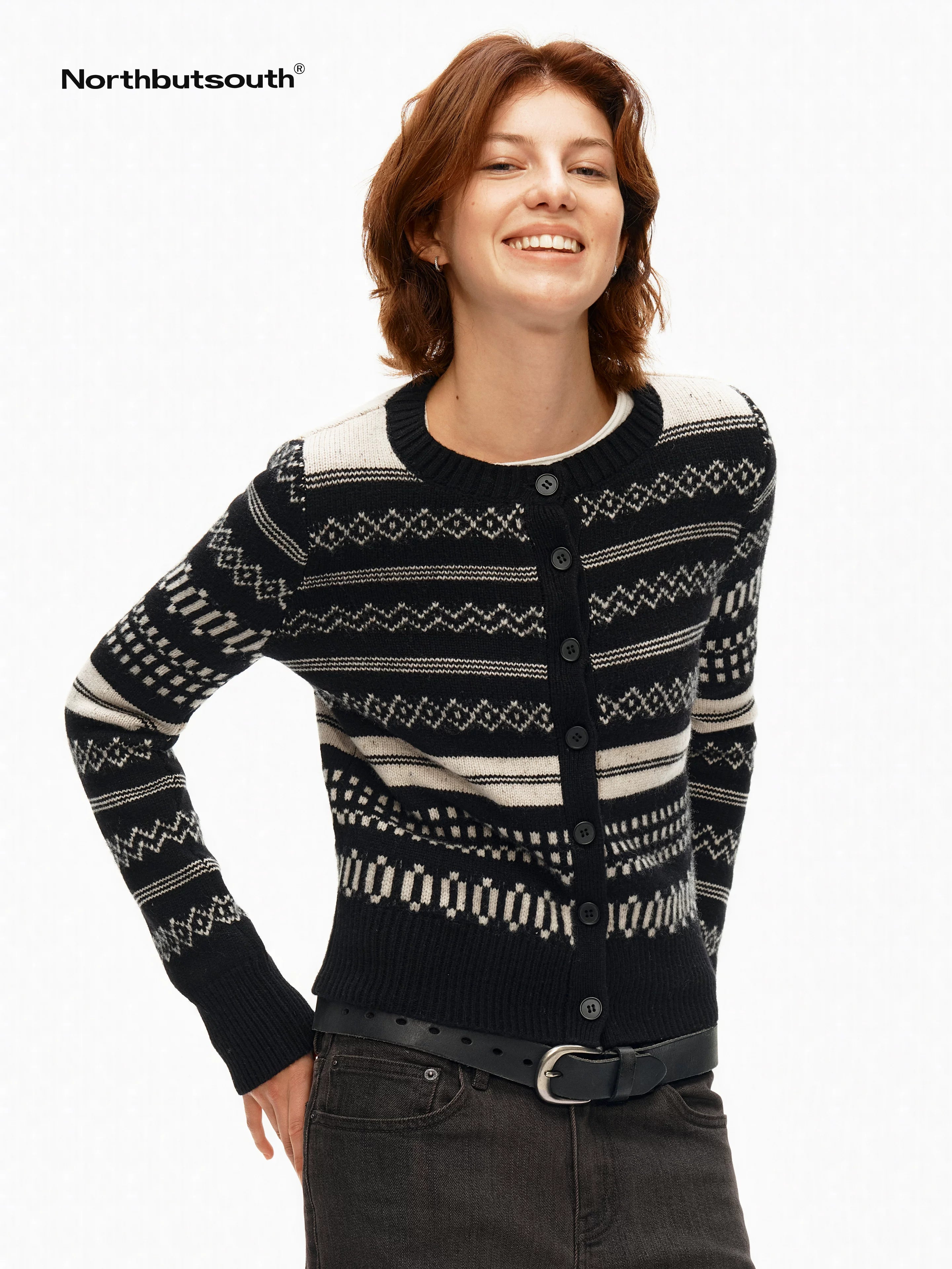 Monochrome Striped Fair Isle Small Crewneck Women&
