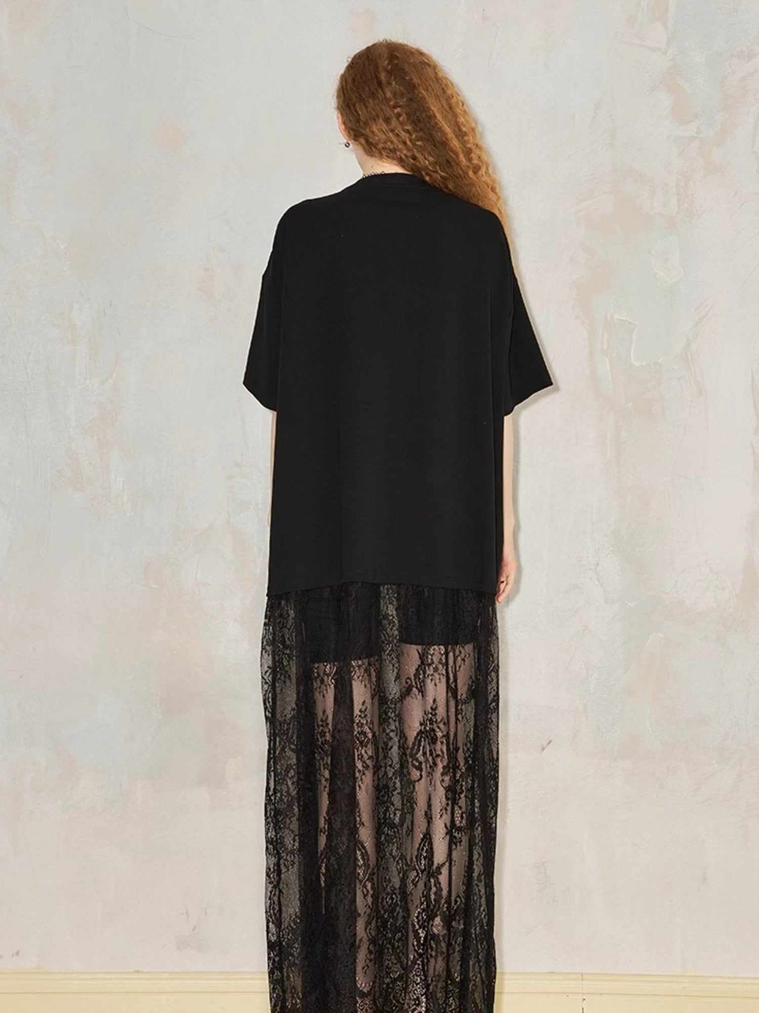 DIDDI MODA Monster Print Lace Trim Oversized Tee Dress