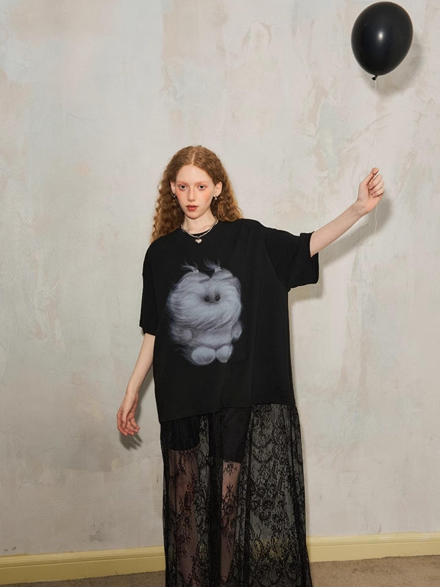 DIDDI MODA Monster Print Lace Trim Oversized Tee Dress