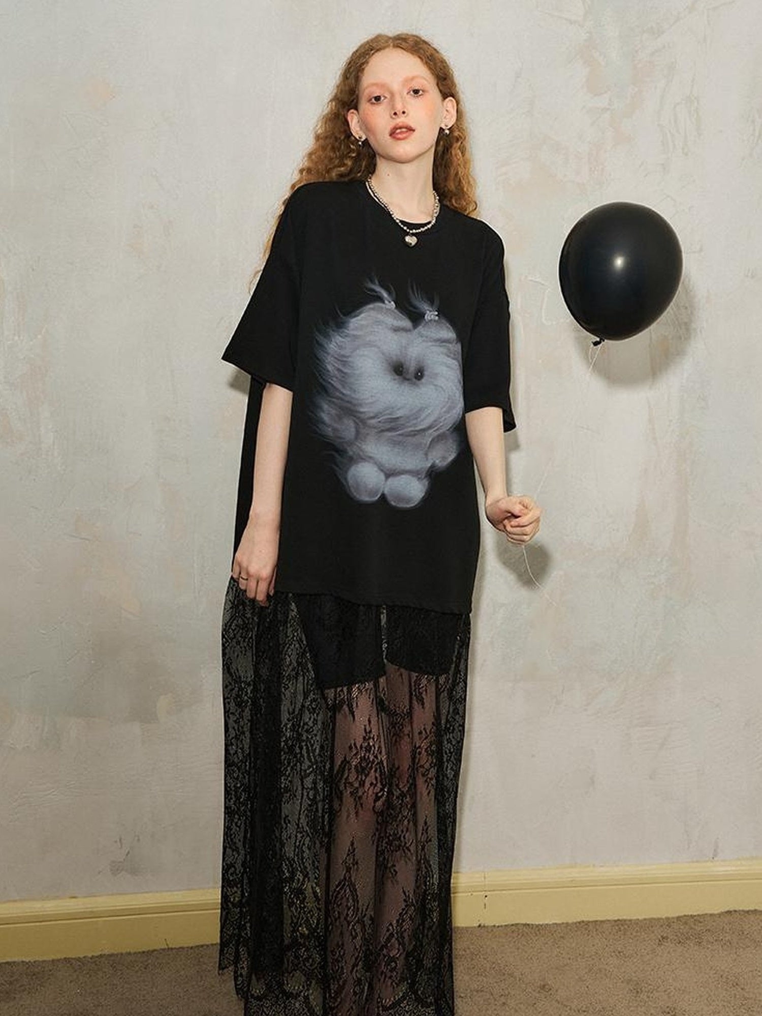 DIDDI MODA Monster Print Lace Trim Oversized Tee Dress