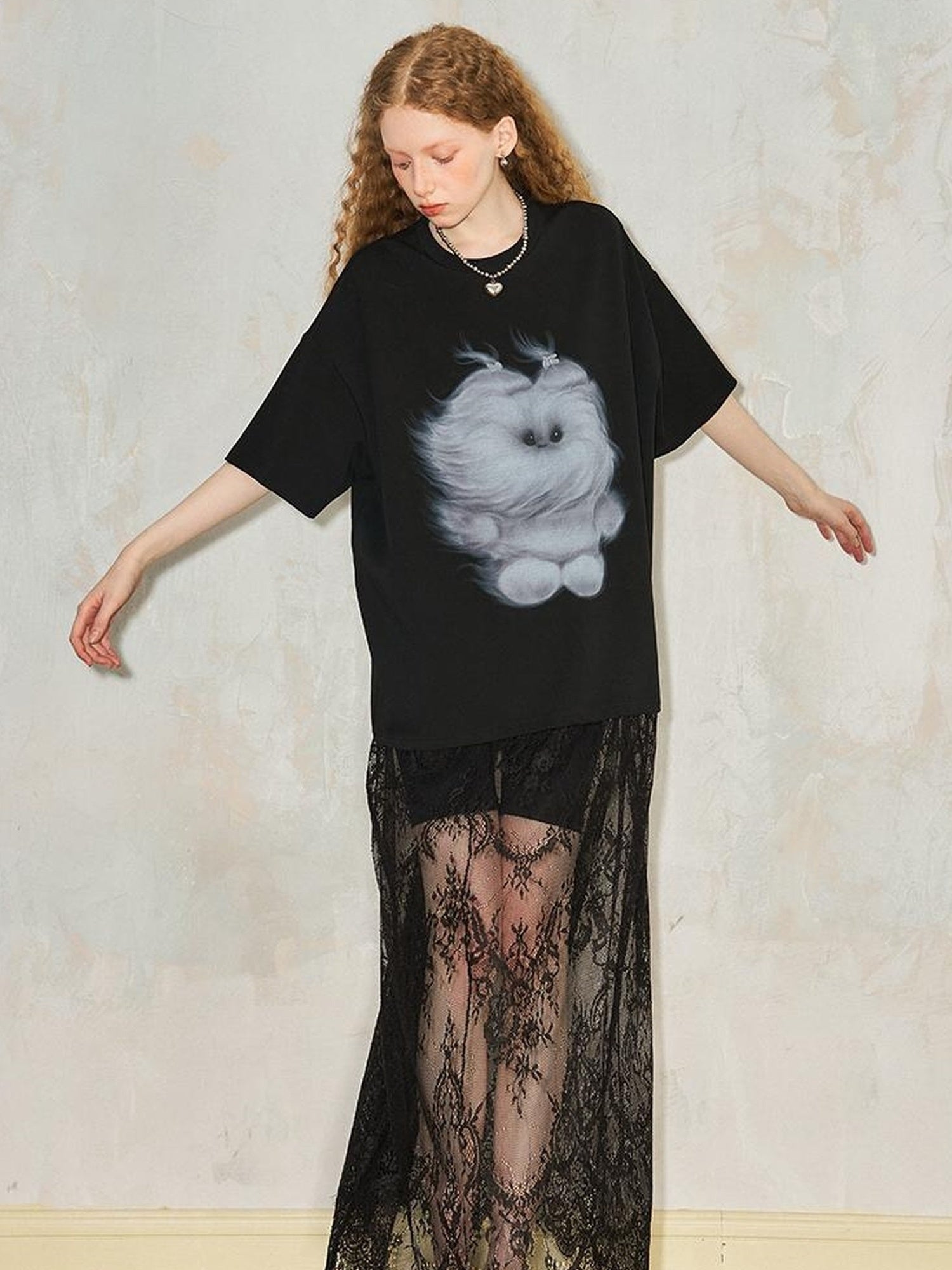 DIDDI MODA Monster Print Lace Trim Oversized Tee Dress