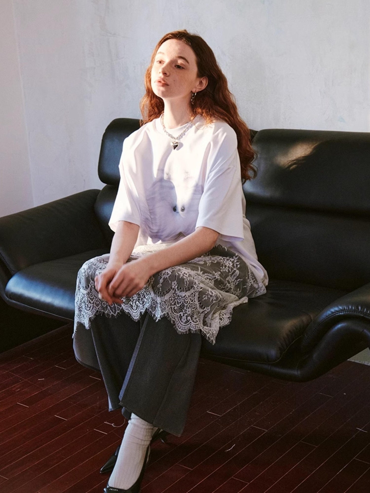 DIDDI MODA Monster Print Lace Trim Oversized Tee Dress