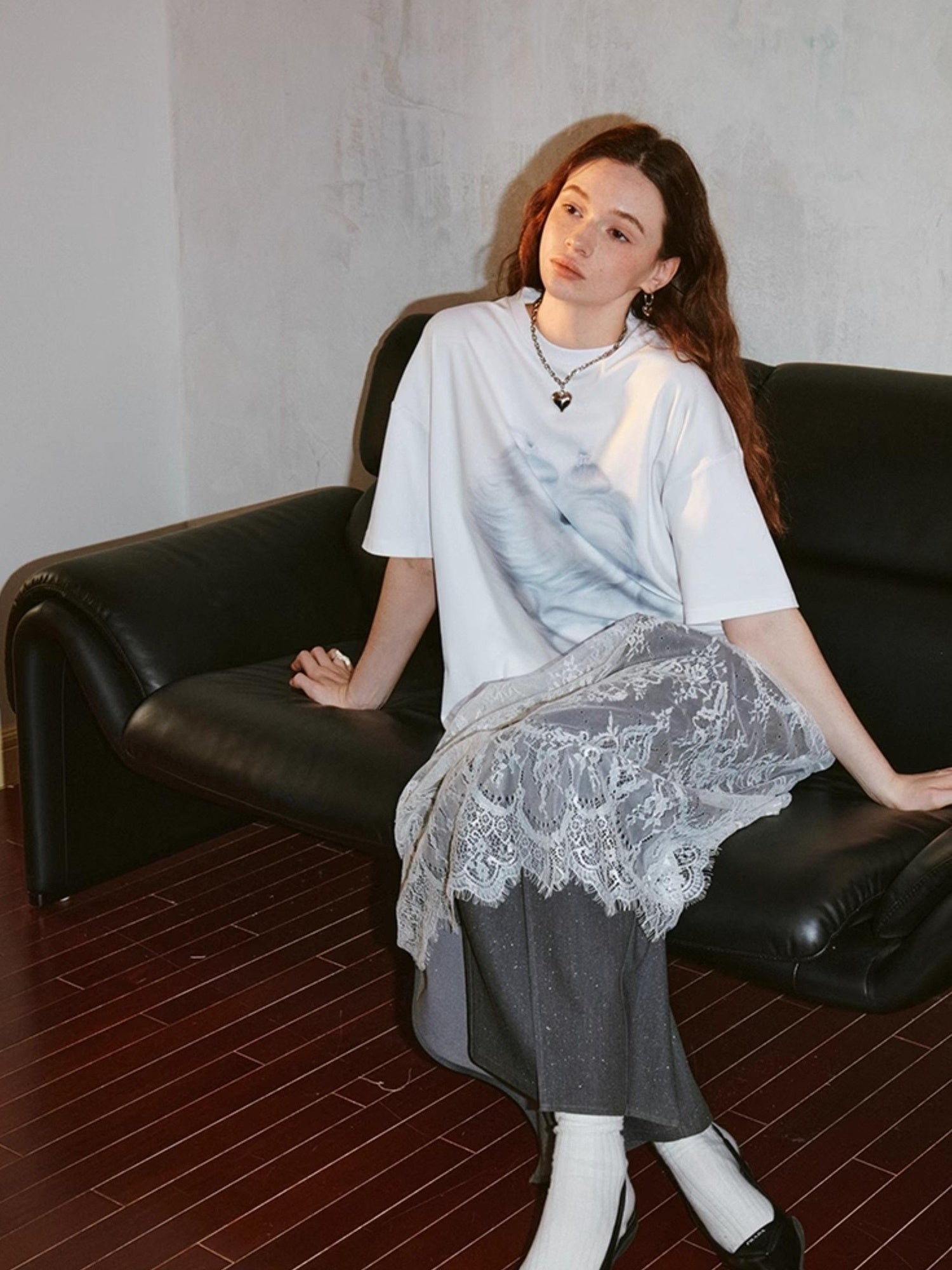 DIDDI MODA Monster Print Lace Trim Oversized Tee Dress