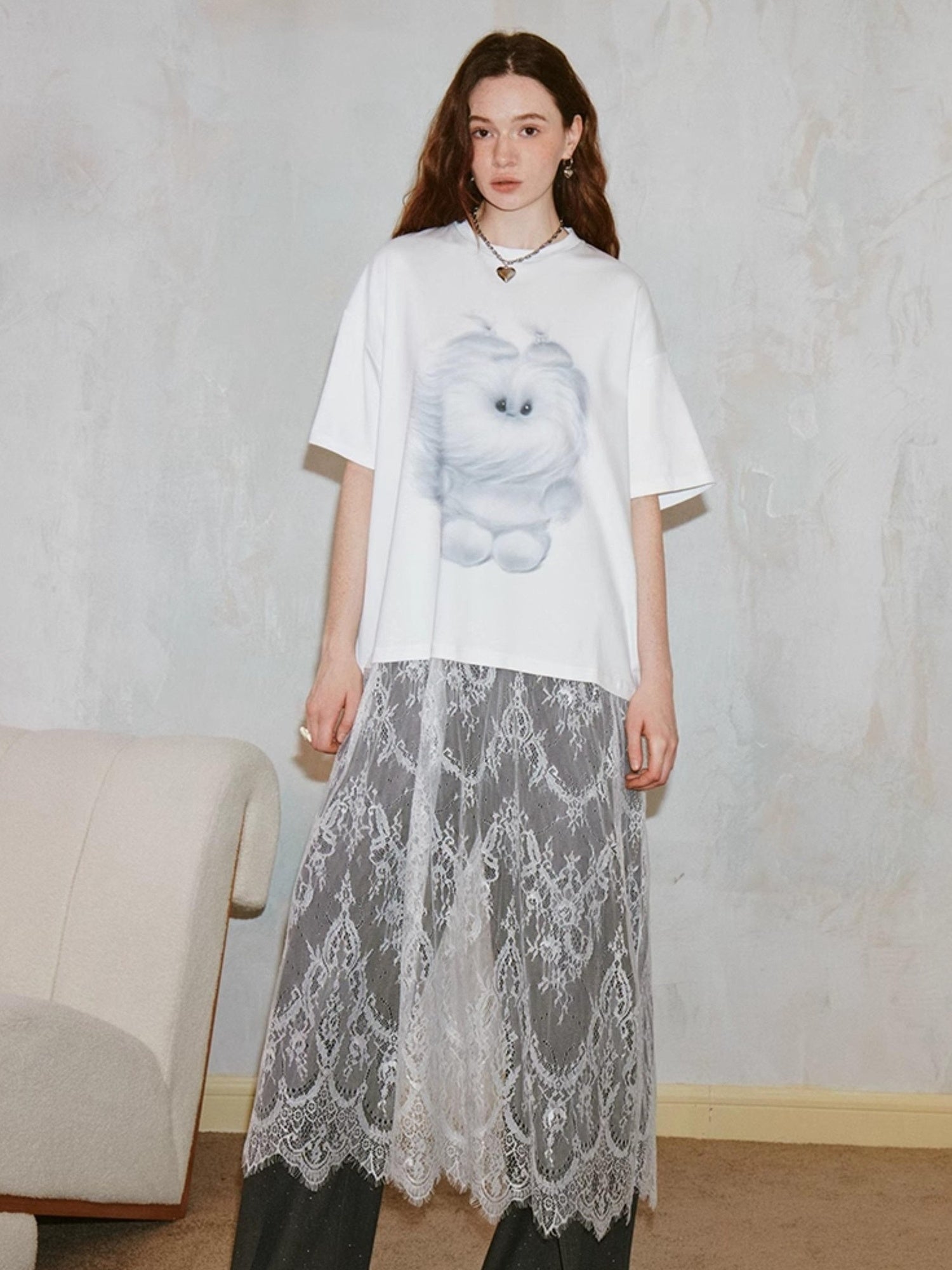 DIDDI MODA Monster Print Lace Trim Oversized Tee Dress