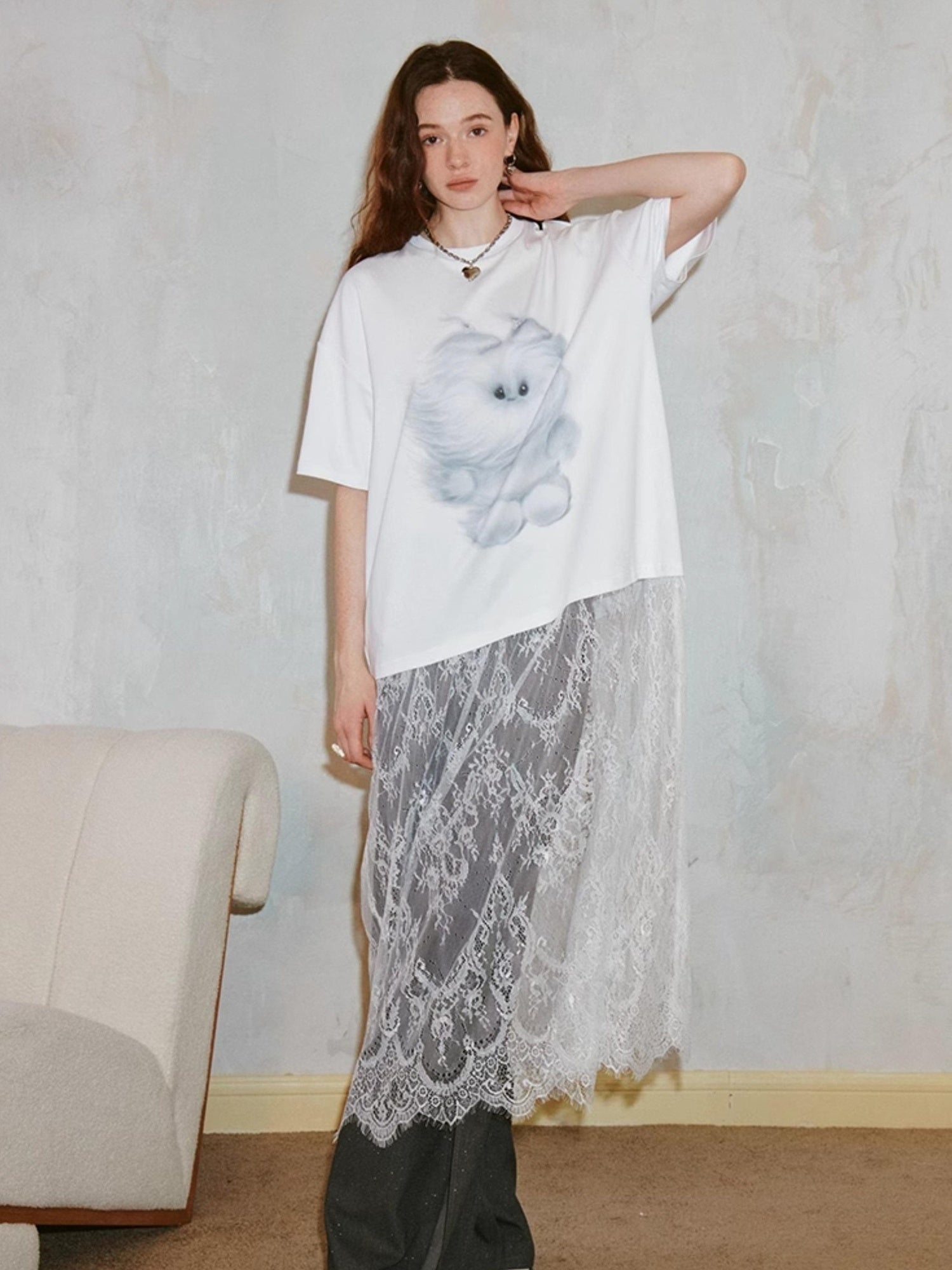 DIDDI MODA Monster Print Lace Trim Oversized Tee Dress