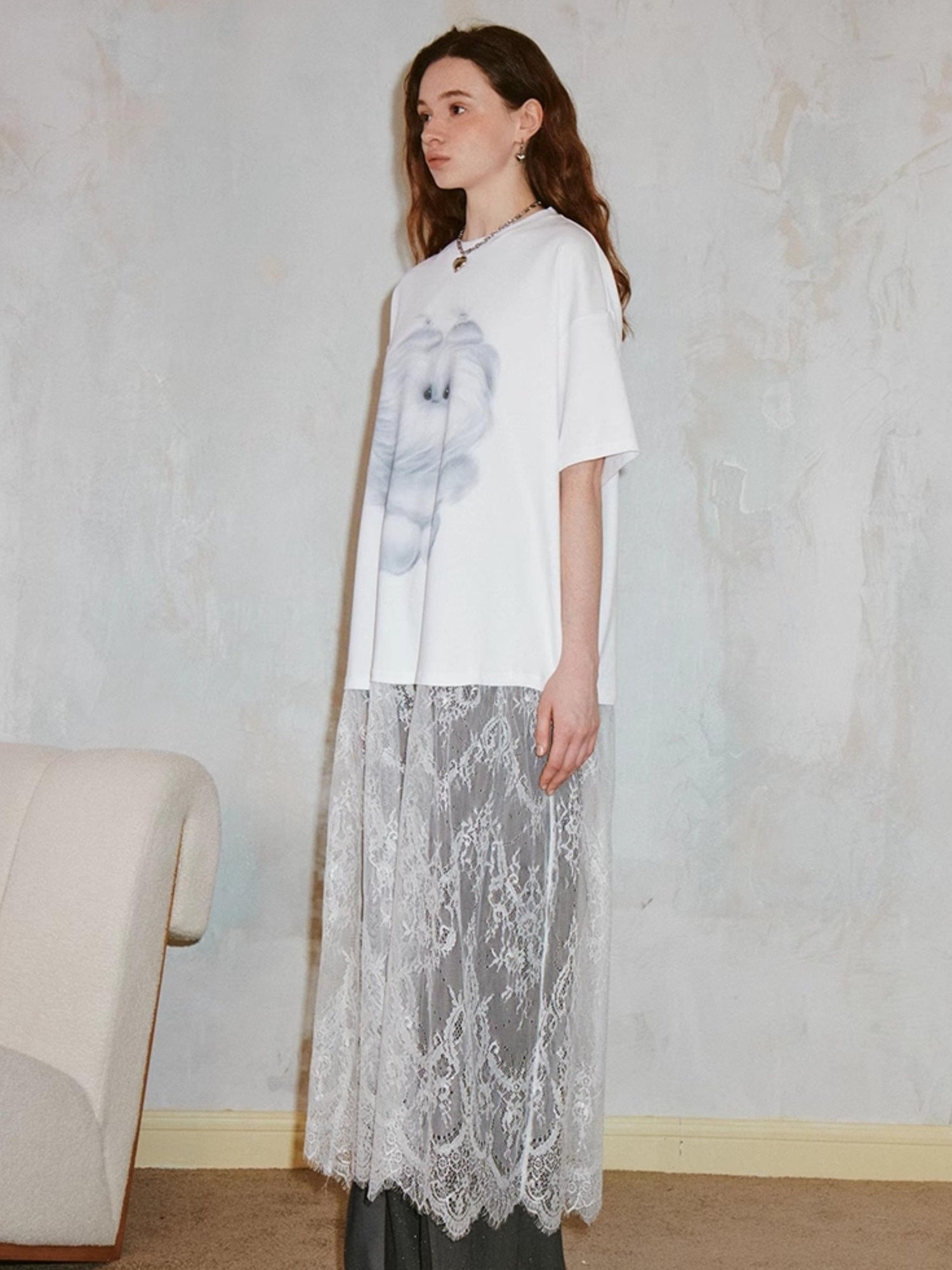 DIDDI MODA Monster Print Lace Trim Oversized Tee Dress