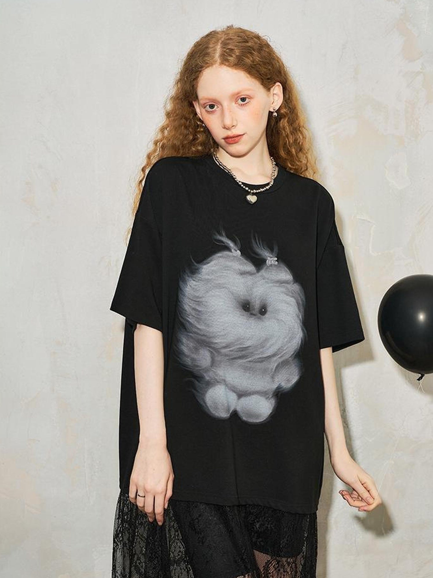 DIDDI MODA Monster Print Lace Trim Oversized Tee Dress