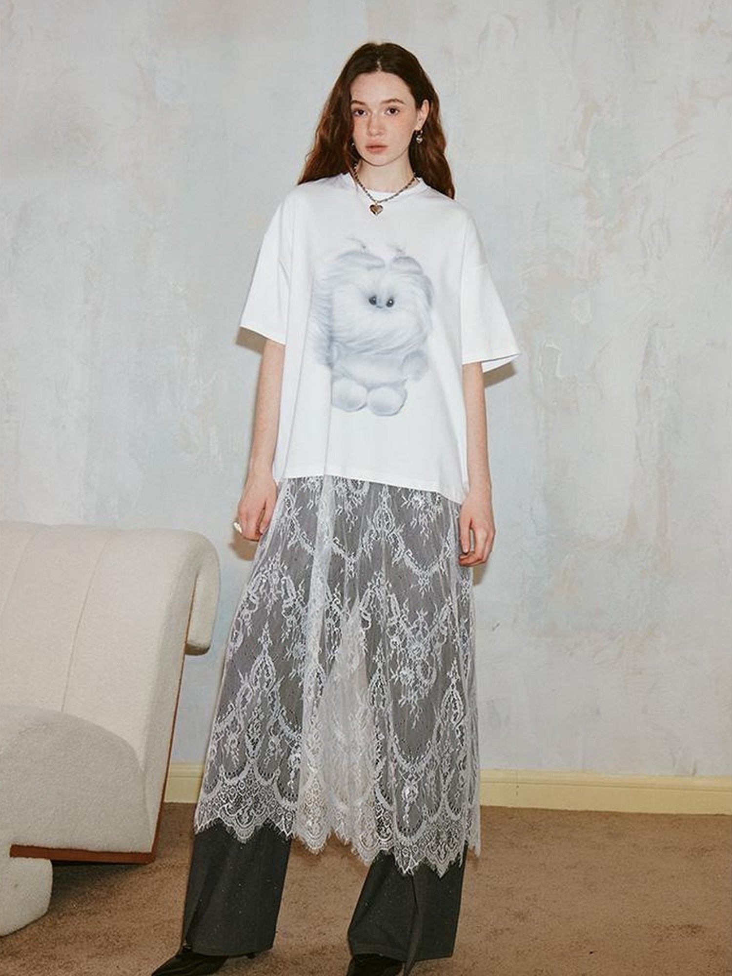 DIDDI MODA Monster Print Lace Trim Oversized Tee Dress