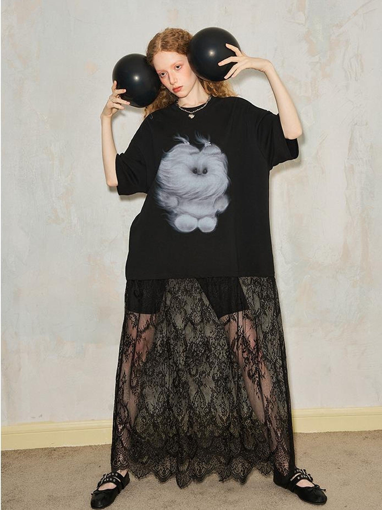 DIDDI MODA Monster Print Lace Trim Oversized Tee Dress