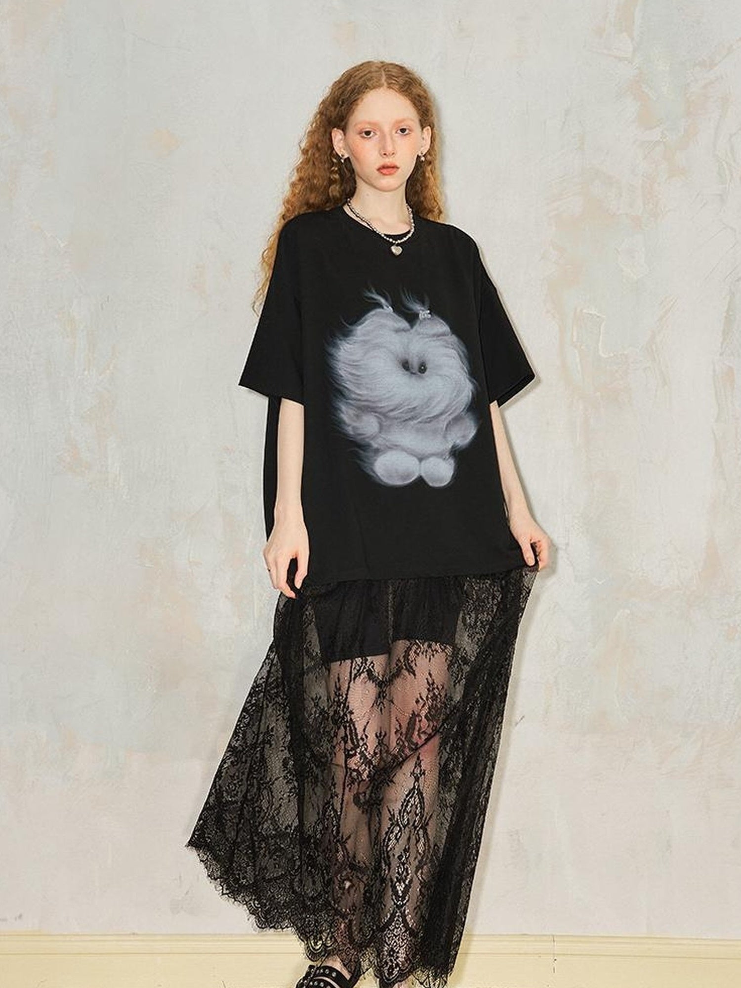DIDDI MODA Monster Print Lace Trim Oversized Tee Dress