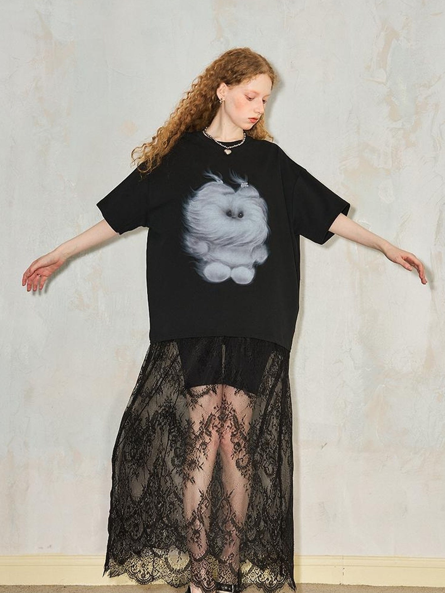 DIDDI MODA Monster Print Lace Trim Oversized Tee Dress