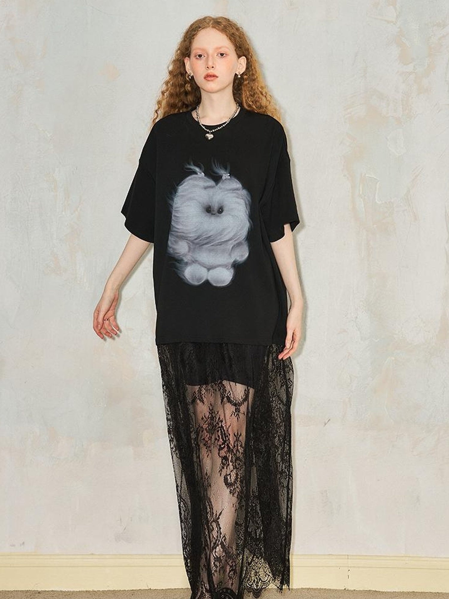 DIDDI MODA Monster Print Lace Trim Oversized Tee Dress