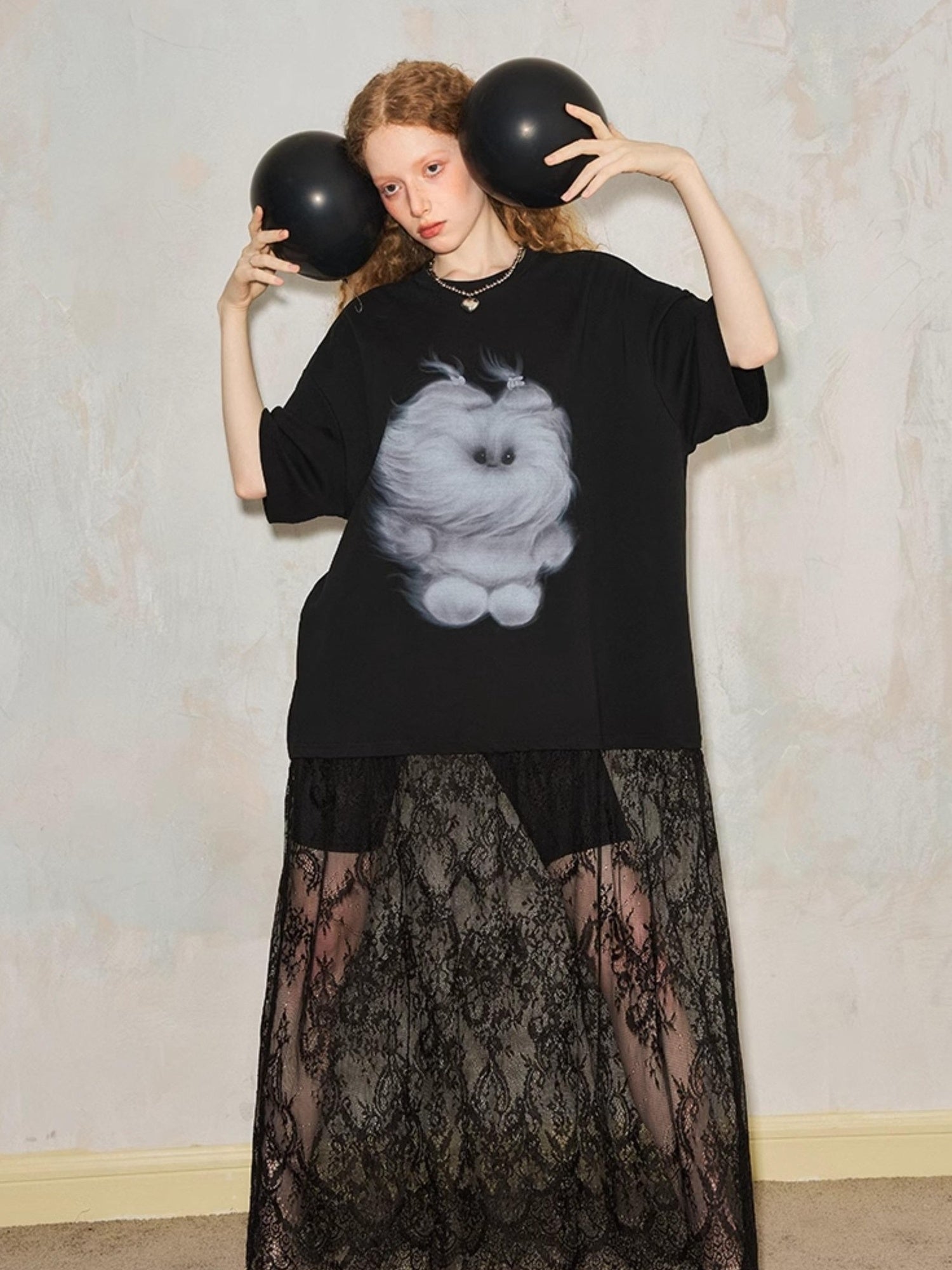 DIDDI MODA Monster Print Lace Trim Oversized Tee Dress