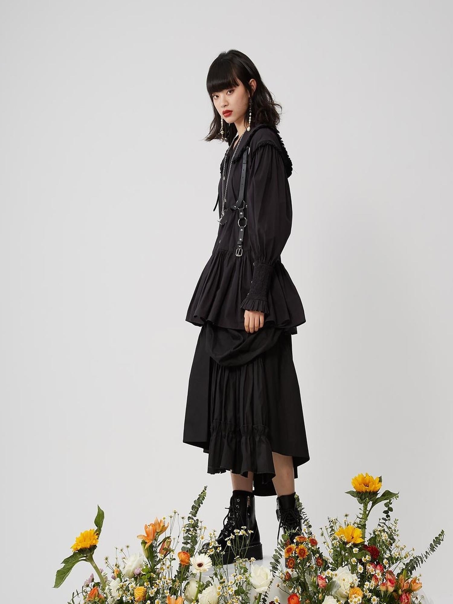 Sweet Mi Moonlit Asymmetry Shirring Pleated Skirt