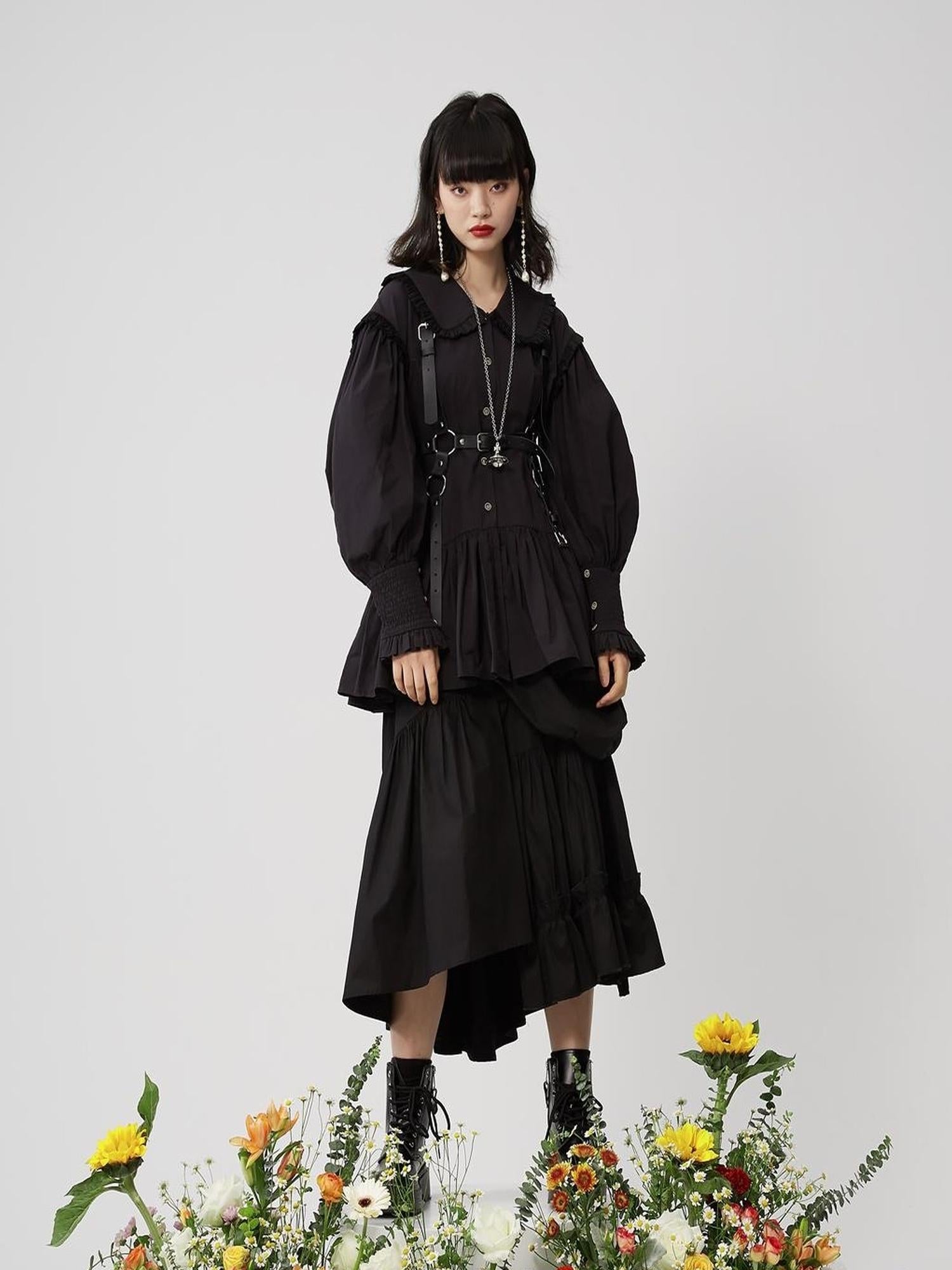 Sweet Mi Moonlit Asymmetry Shirring Pleated Skirt