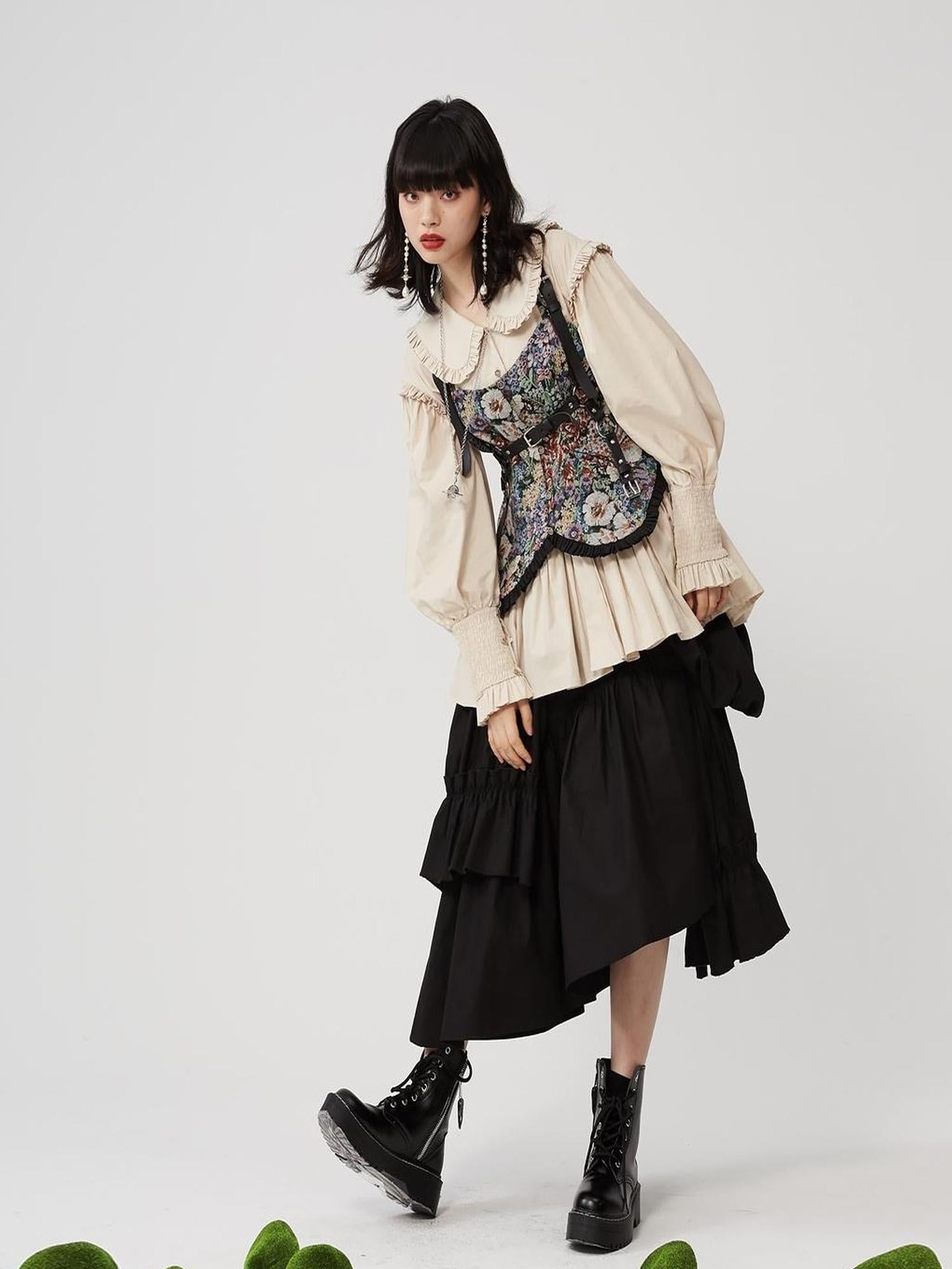 Sweet Mi Moonlit Asymmetry Shirring Pleated Skirt