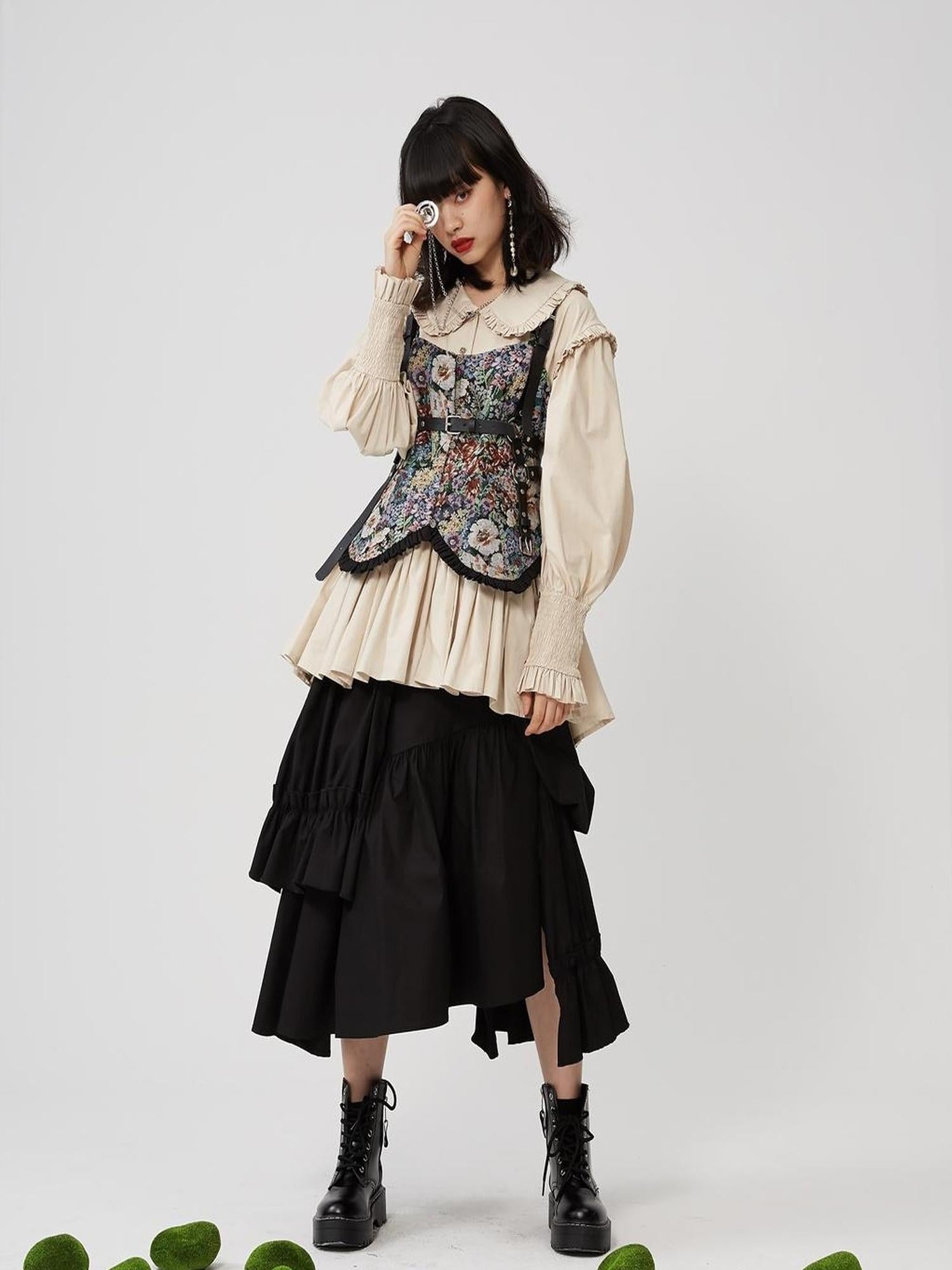 Sweet Mi Moonlit Asymmetry Shirring Pleated Skirt