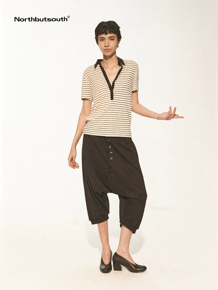 Multi Button Drawstring Drop Crotch Casual Shorts
