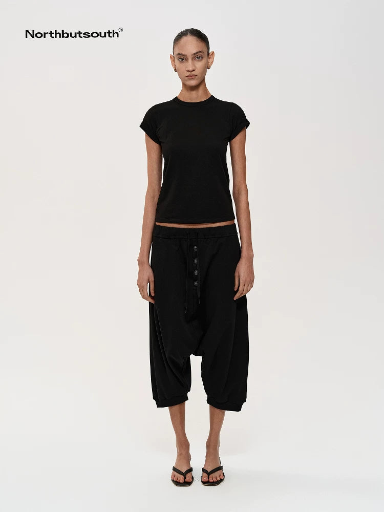 Multi Button Drawstring Drop Crotch Casual Shorts