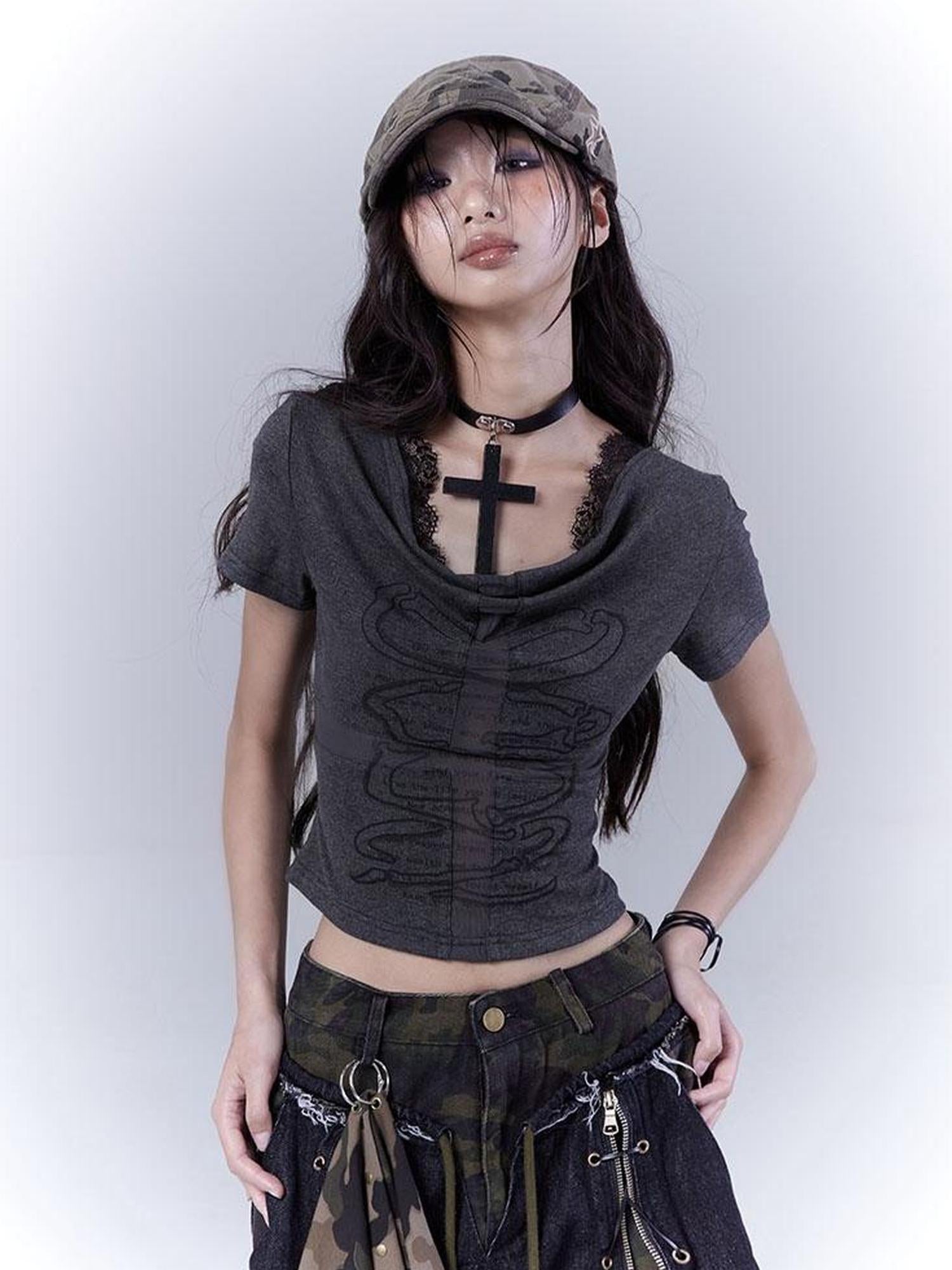 WSW WUSHENWU Mysterious Messenger Grey Cutout Cross Lace Tee